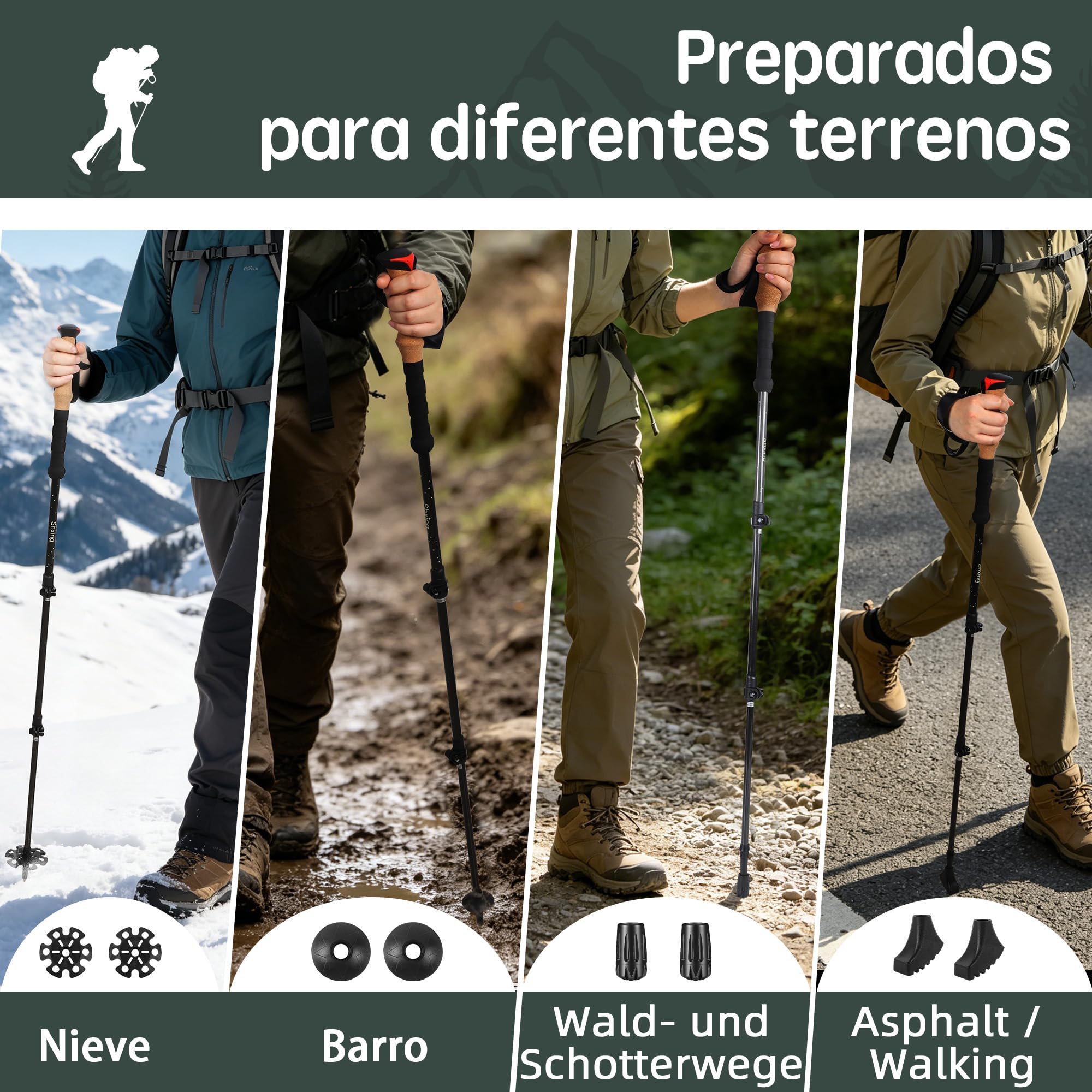 Bastones de Trekking telescópicos 2 Unidades, 200 g Cada uno, 62–135 cm, Carbono, empuñadura de Corcho + EVA, Cierre de Aluminio, para Trekking y Marcha nórdica
