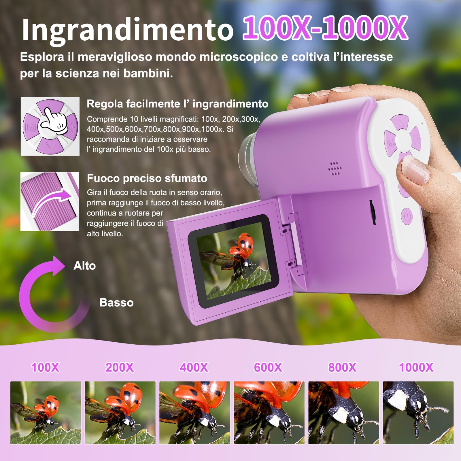 USCAMEL Microscopio Digitale Portatile per Bambini: 1000x ingrandimento, schermo HD da 2 pollici, connessione USB, Attrezzo educativo microscopio portatile per bambini età 7-12 anni (Viola)