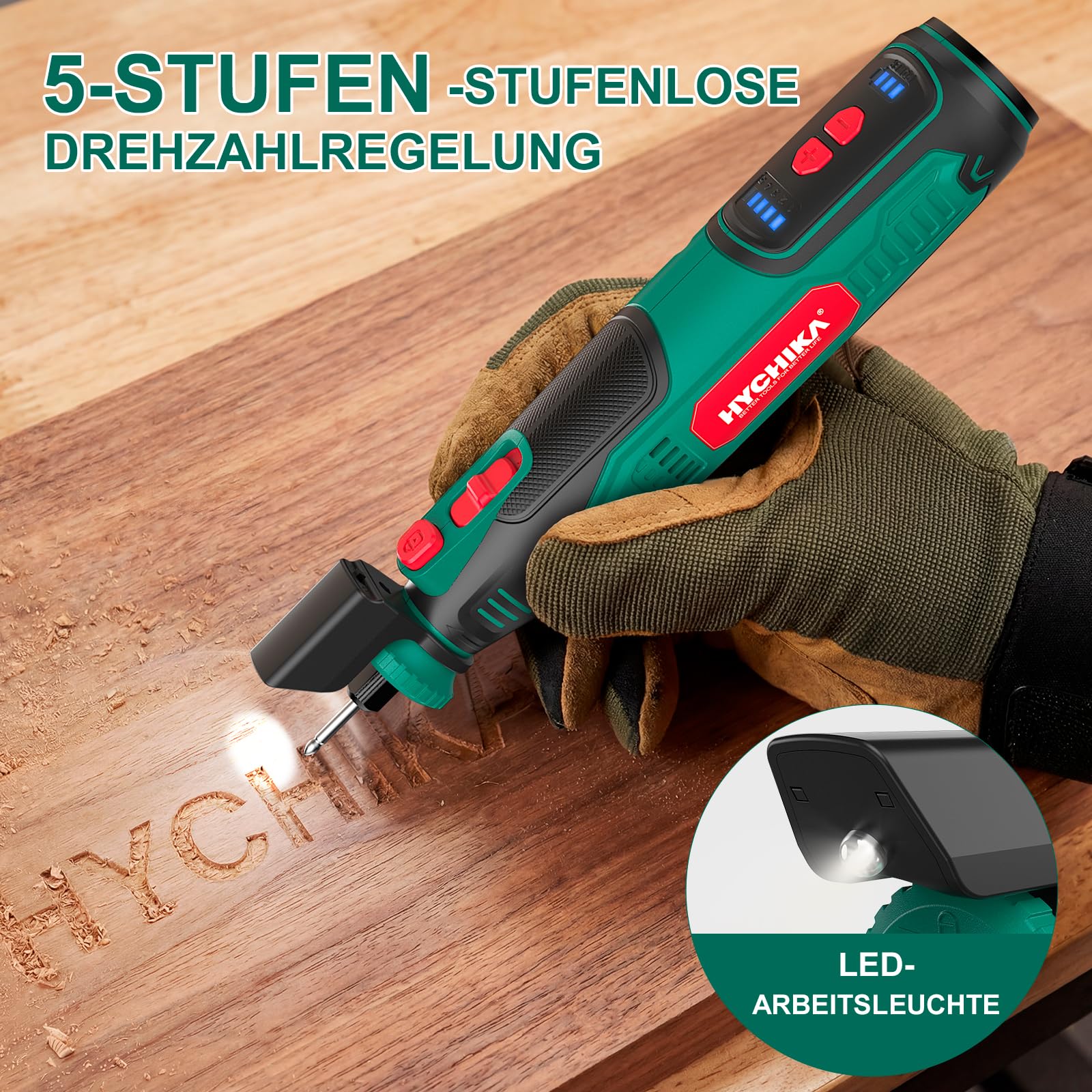 HYCHIKA Akku-Rotationswerkzeug 8V 2,0Ah leistungsstärkerer Akku, 5-Gang bis 30000 U/min, 145-teiliges Zubehör inkl. Kettensägeschärfer & LED-Arbeitsleuchte für Gravieren, Polieren, Schneiden, Bohren