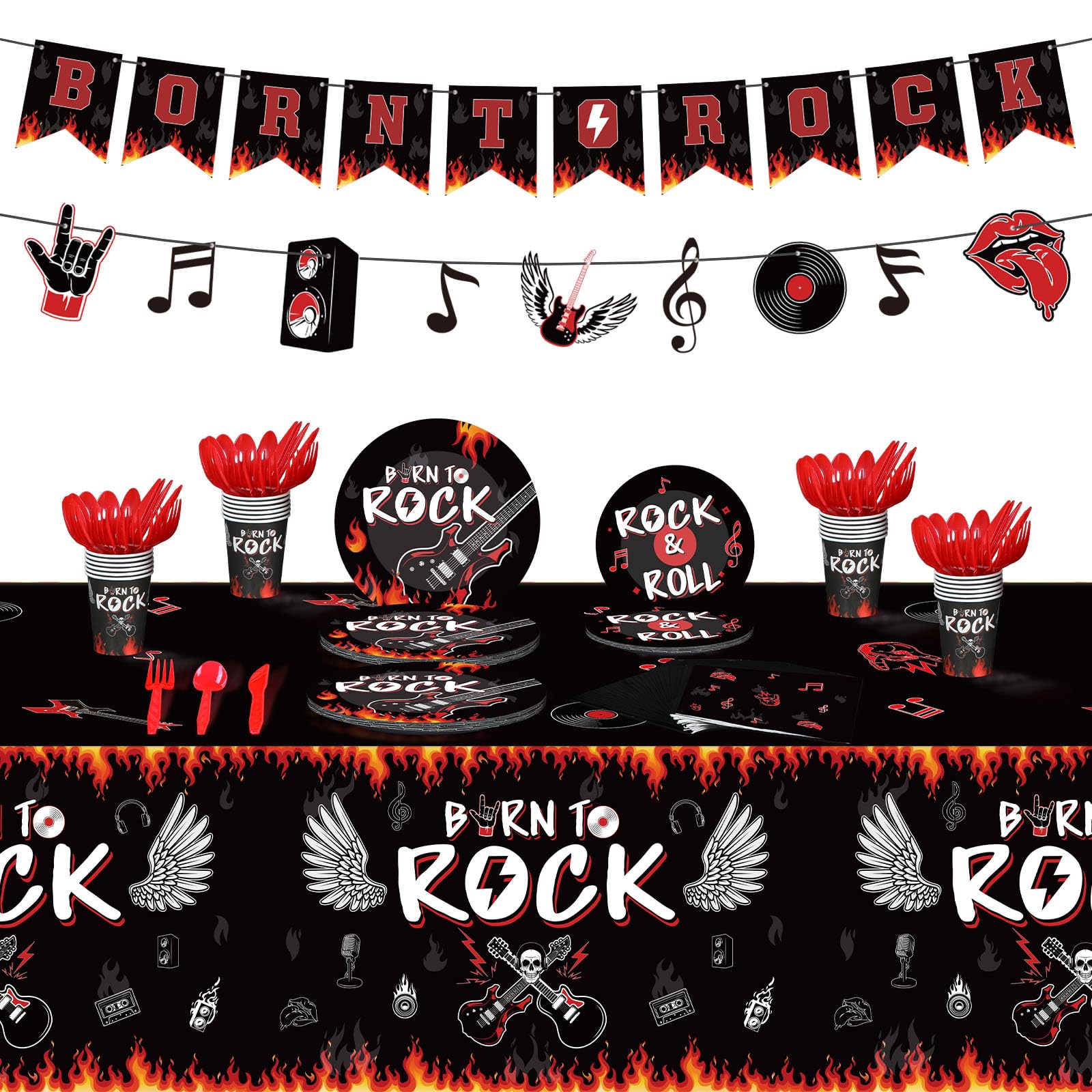 Yaomiao 172 Pcs Rock Theme Party Supplies Born to Rock Banner Music Note Garland Music Party Tableware Set Included Plates Napkins Cups Tablecloth