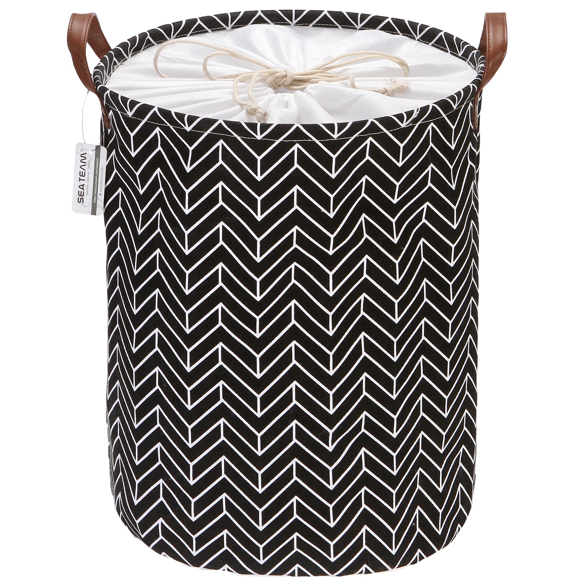 Sea Team Arrow Pattern Laundry Hamper Canvas Fabric Laundry Basket Collapsible Storage Bin with PU Leather Handles and Drawstring Closure, 19.7 by 15.7 inches, Waterproof Inner, Black