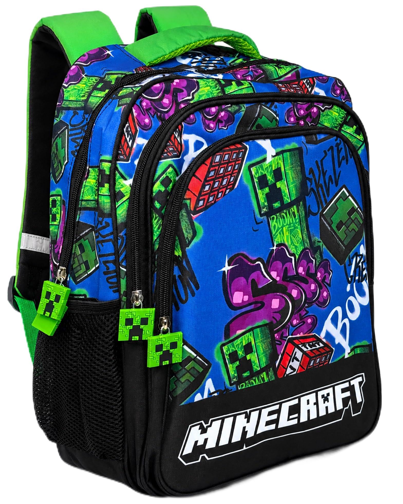 Zaino Scuola Elementare Bambino 3 Scomparti per fan di Minecraft | 6-12 anni, Schienale imbottito, 2 tasche borraccia, Dettagli riflettenti, 33x43cm,