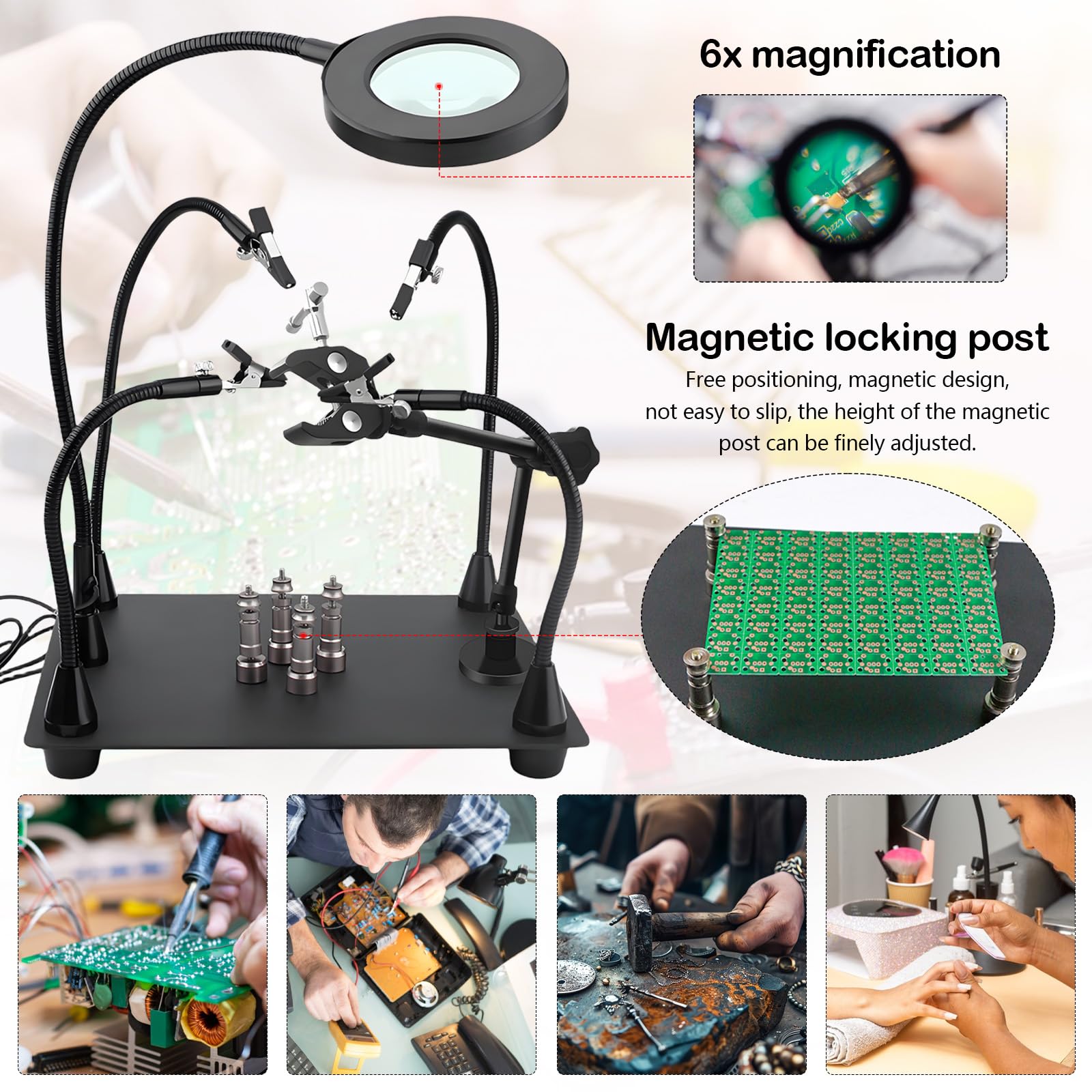 Saldatura Terza Mano, Magnetico Stazione Saldante con 4 Bracci Flessibili Lente d'Ingrandimento a LED 6X e Braccio di Supporto Meccanico per Riparazione PCB Lavori di Saldatura Modellismo