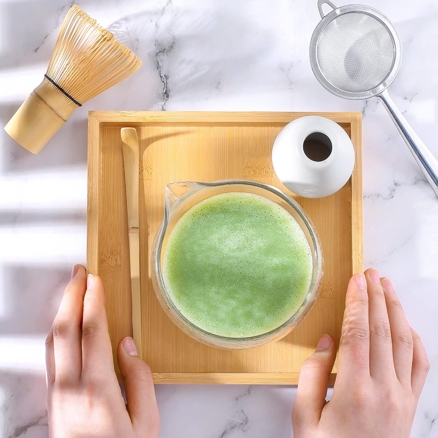 Ceremony Matcha Tea Set - Bamboo Tea Tray- Japanese Matcha Whisk (Chasen) - Scoop - Spouted Bowl (Chawan)- Whisk Holder - Matcha Sifter- Tea Towel - The Perfect Matcha Kit…