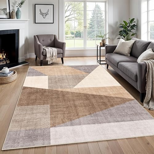 Puino 5x7 Washable Geometric Rug (Tan Beige)