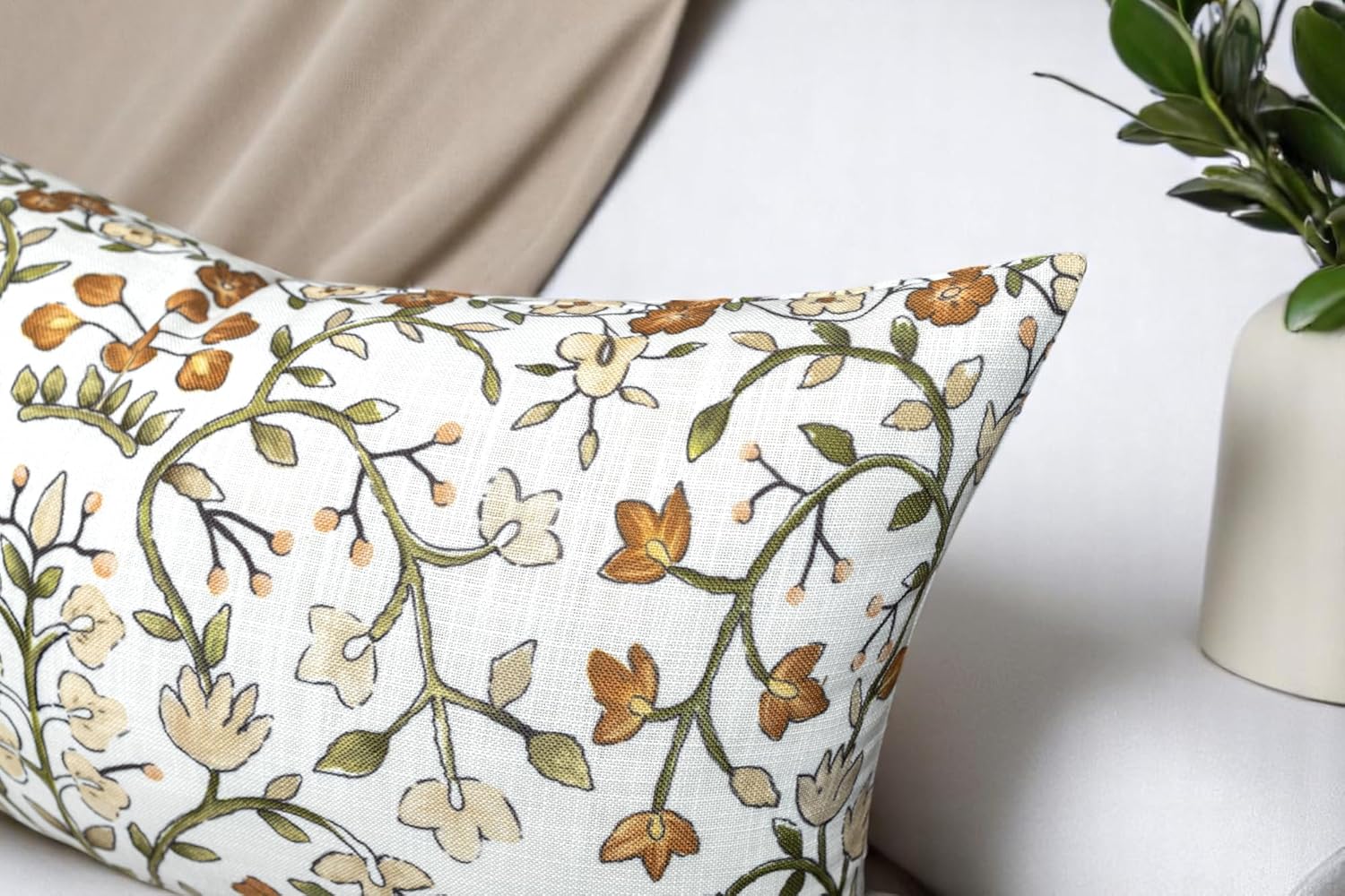 Burnt Orange Vine Floral Print Lumbar Pillow Cover - 14x24 Inch Cotton Blend - Zea Garden