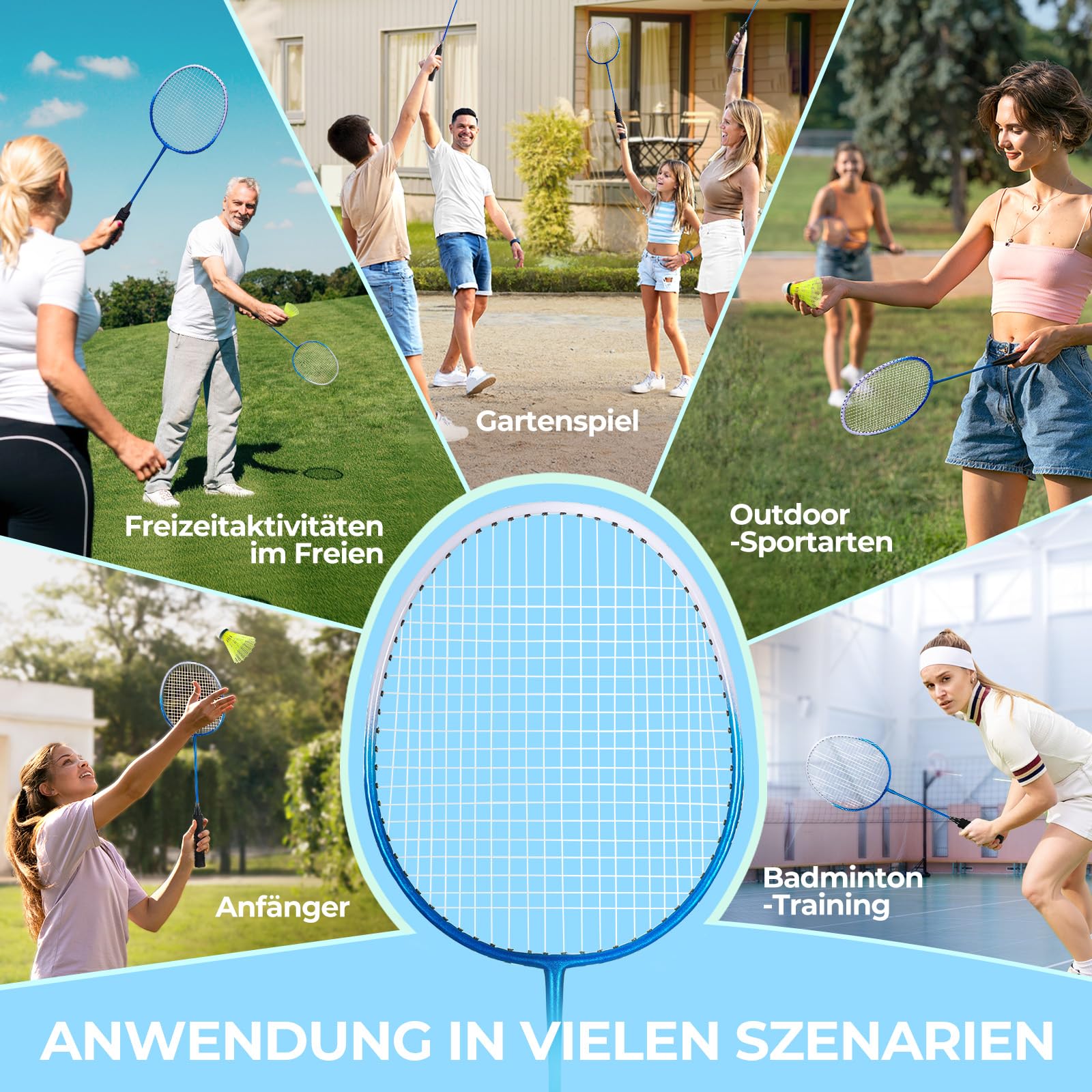 HIRALIY Badminton Schläger für Spiele im Freien, leichtes Federball 4er-Set für Kinder & Erwachsene & Anfänger, inklusive 4 Schläger, 12 Nylon-Federbälle, 4 Ersatz-Griffbänder, 1 Tragetasche