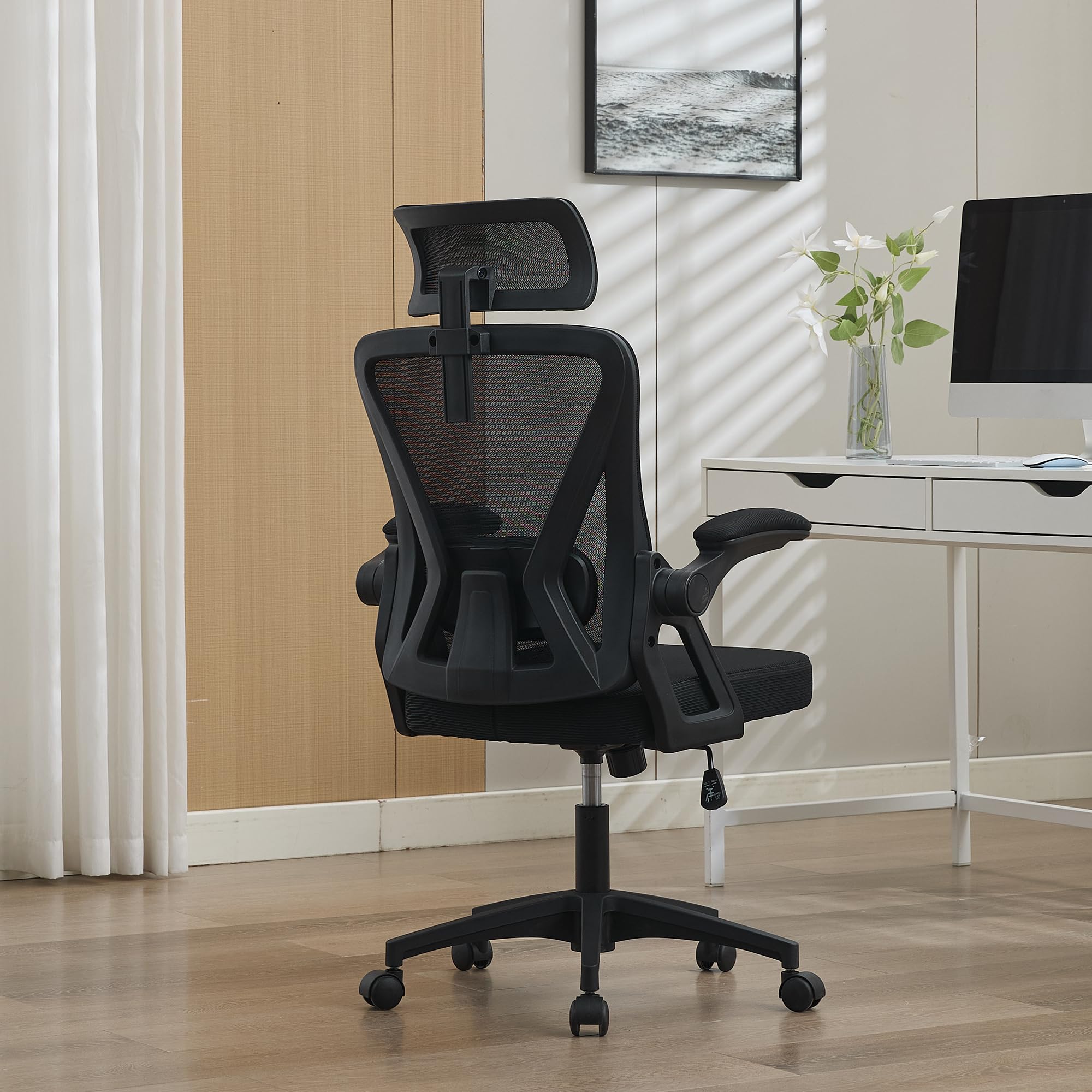 vutizal Ergonomischer Bürostuhl Netz Schwarz mit Verstellbarer Lordosenstütze & Kopfstütze, Schreibtischstuhl Hochlehner mit atmungsaktivem Netzrücken, Drehstuhl für Homeoffice & Büro, Black
