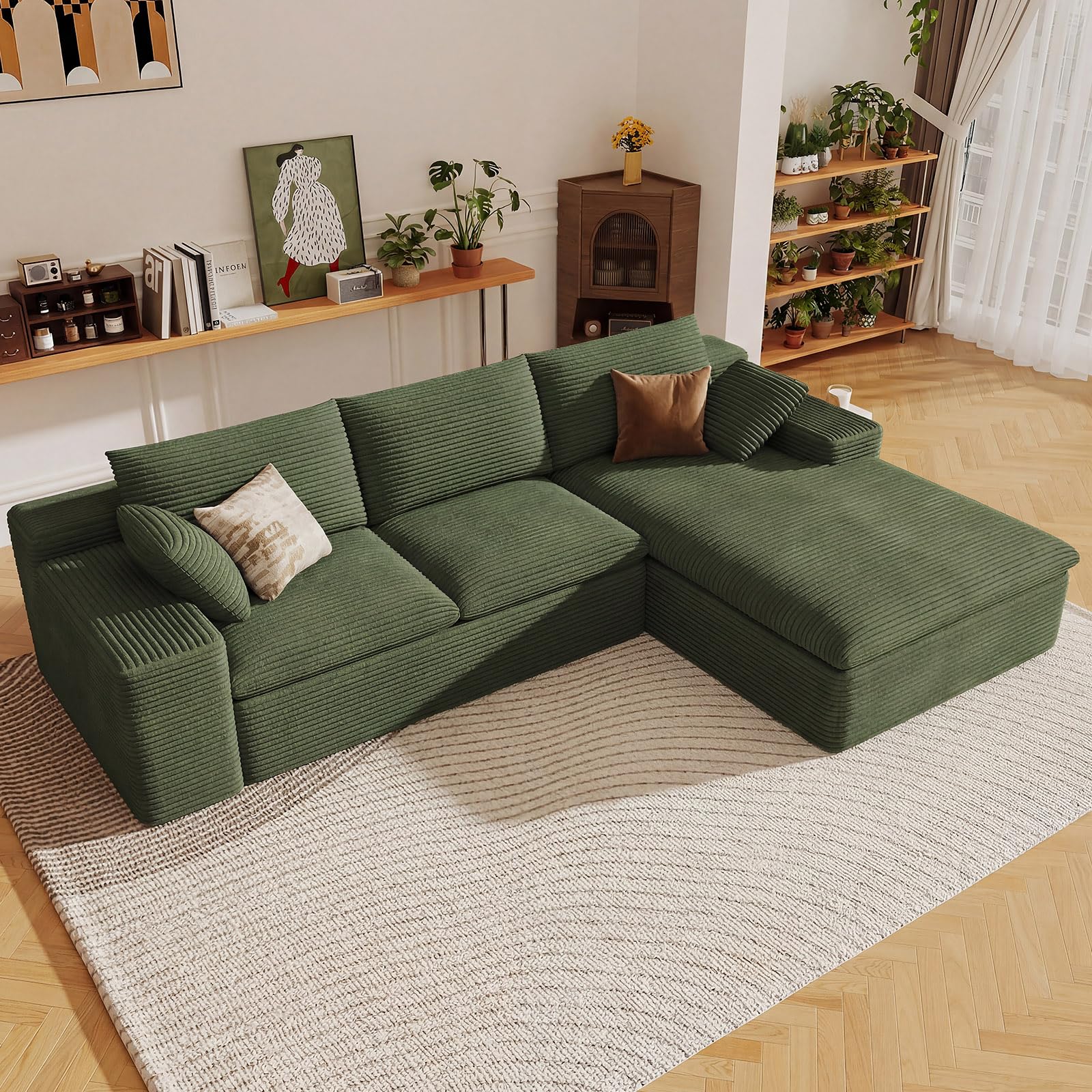 107" cloud sectional couch with l-shape chaise,corduroy viral boneless sofa for living room,modern memory foam couches in a box with deep seat,no assembly required (green,right-facing chaise) (incomplete box a only) 