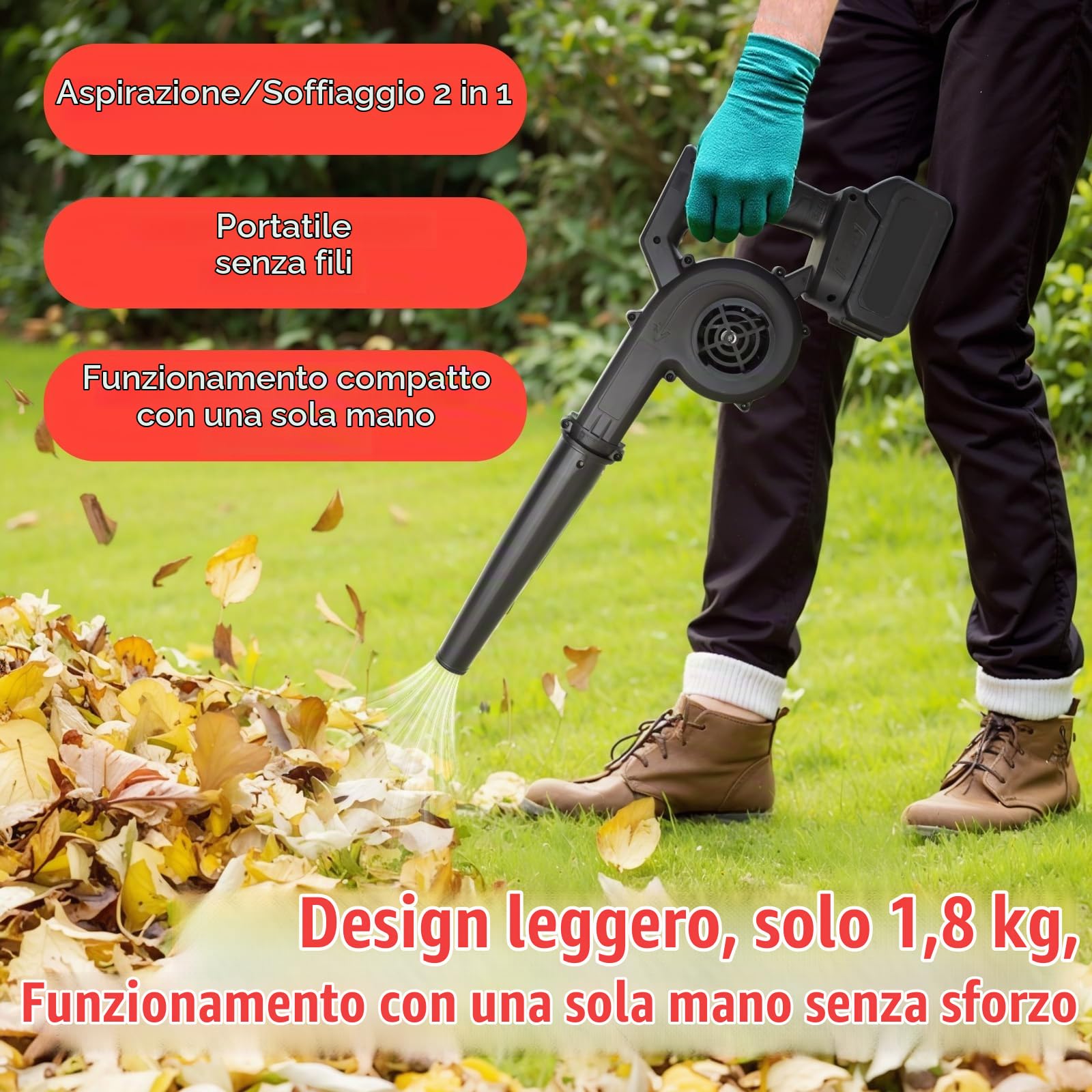 Soffiatore a Batteria, 2 in 1 Soffiatore Aspiratore Foglie Elettrico Soffione per Foglie Giardino a Batteria Aspirafoglie per la Cura del Prato/Auto/Angolo di Pulizia Della Polvere