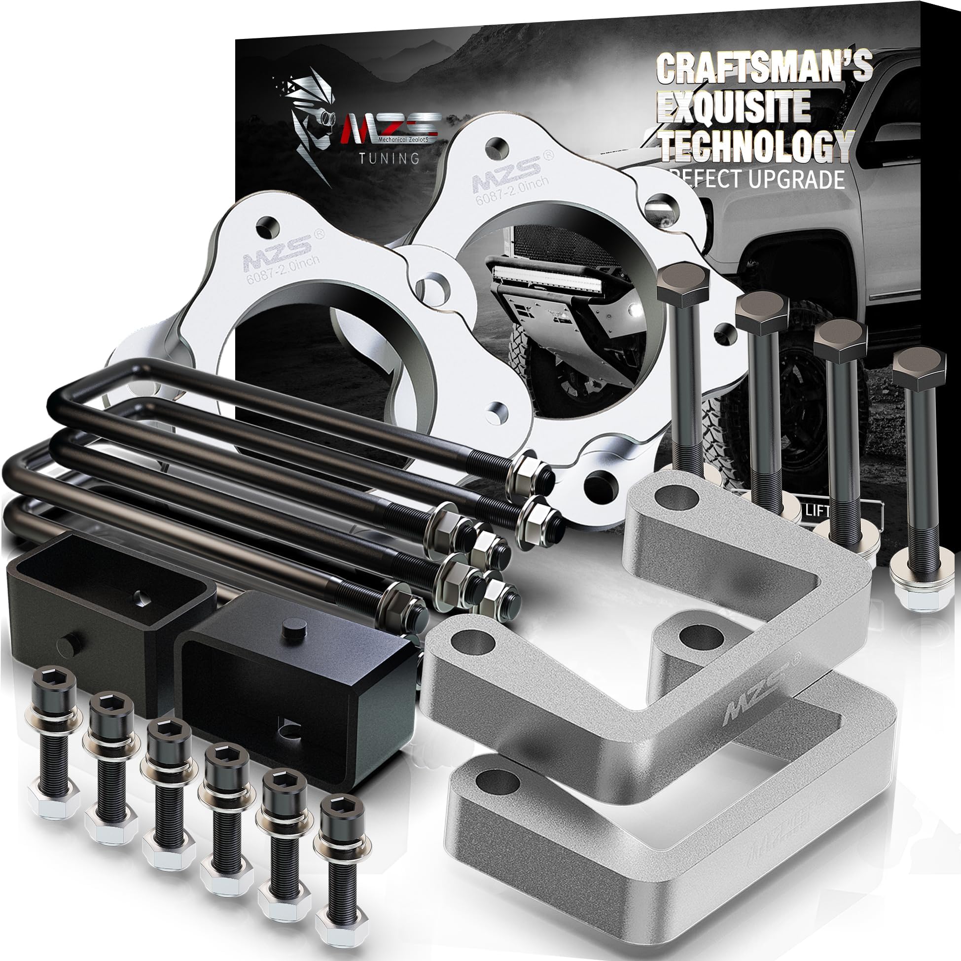 MZS Leveling Kit, 3.5 Inch Front Strut Spacers + 2 Inch Rear Lift Blocks with Extended Square U Bolts Compatible with 2007-2026 Silverado 1500/Sierra 1500 2WD 4WD