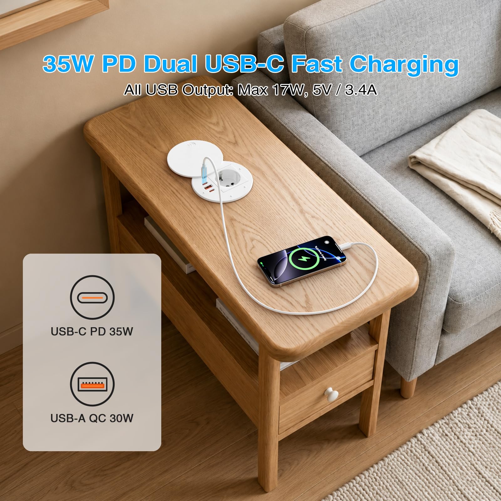 Alpheus Enchufe Empotrable de Mesa con USB-C PD 35W y Tapa, Blanco