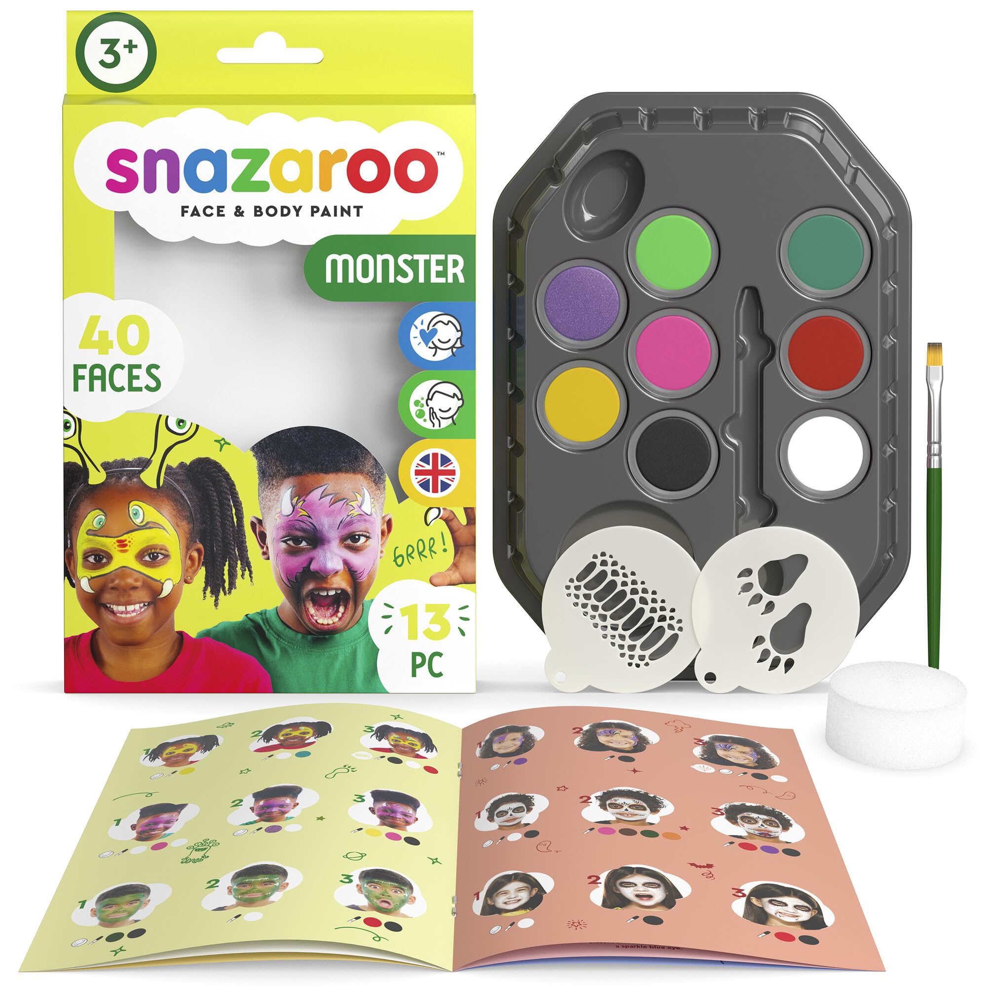 Snazaroo - Kit De Pintura Facial Monstruos, Aguacolores para Niños Y Adultos, 8 Colores, 2 Plantillas, Pincel, Esponja, Guía, Base Agua, Maquillaje Pintacaras