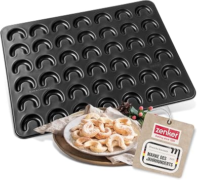 Zenker Vanilla Kipferl Baking Tray - Baking Tray for 42 Sweet or Savory Cunks - Each Cumperle Is Shaped Evenly - Non-Stick Coating for Easy Demoulding Black