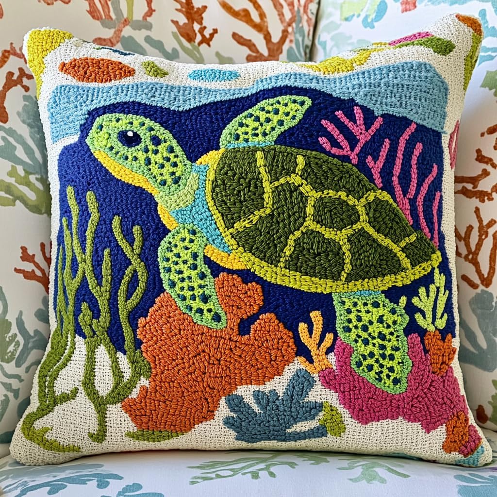 DIY Punch Needle Pillow Kit Green Sea Turtle and Corals with Pattern and Hoop Handmade Embroidery Punch Needle Starter Pillowcase Set for Home Sofa Decor 43x43cm-1-9