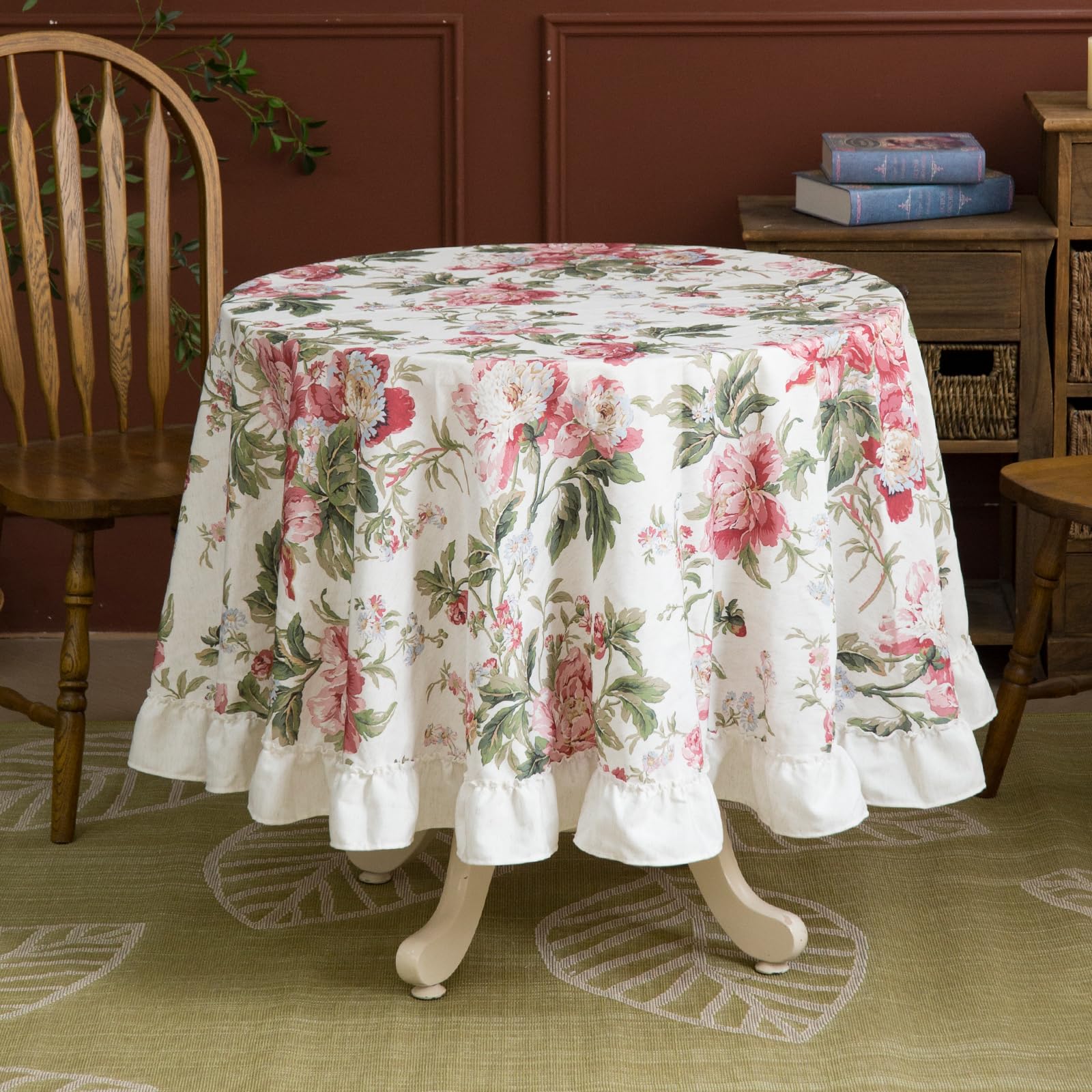 GLORY SEASON Wrinkle-Resistant Hand-Drawing Floral Style Ruffle Trim Tablecloth for Rectangle Oval Round Tables Rustic Table Cloth for Dining Kitchen Farmhouse Decor 70 Inch