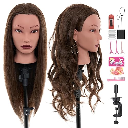 Miniatura 13 de Cabeza de maniquí de 28 pulgadas de cabello humano, cabeza de maniquí de 80% cabello real, cabeza de muñeca de maniquí de cosmetología para conjunto