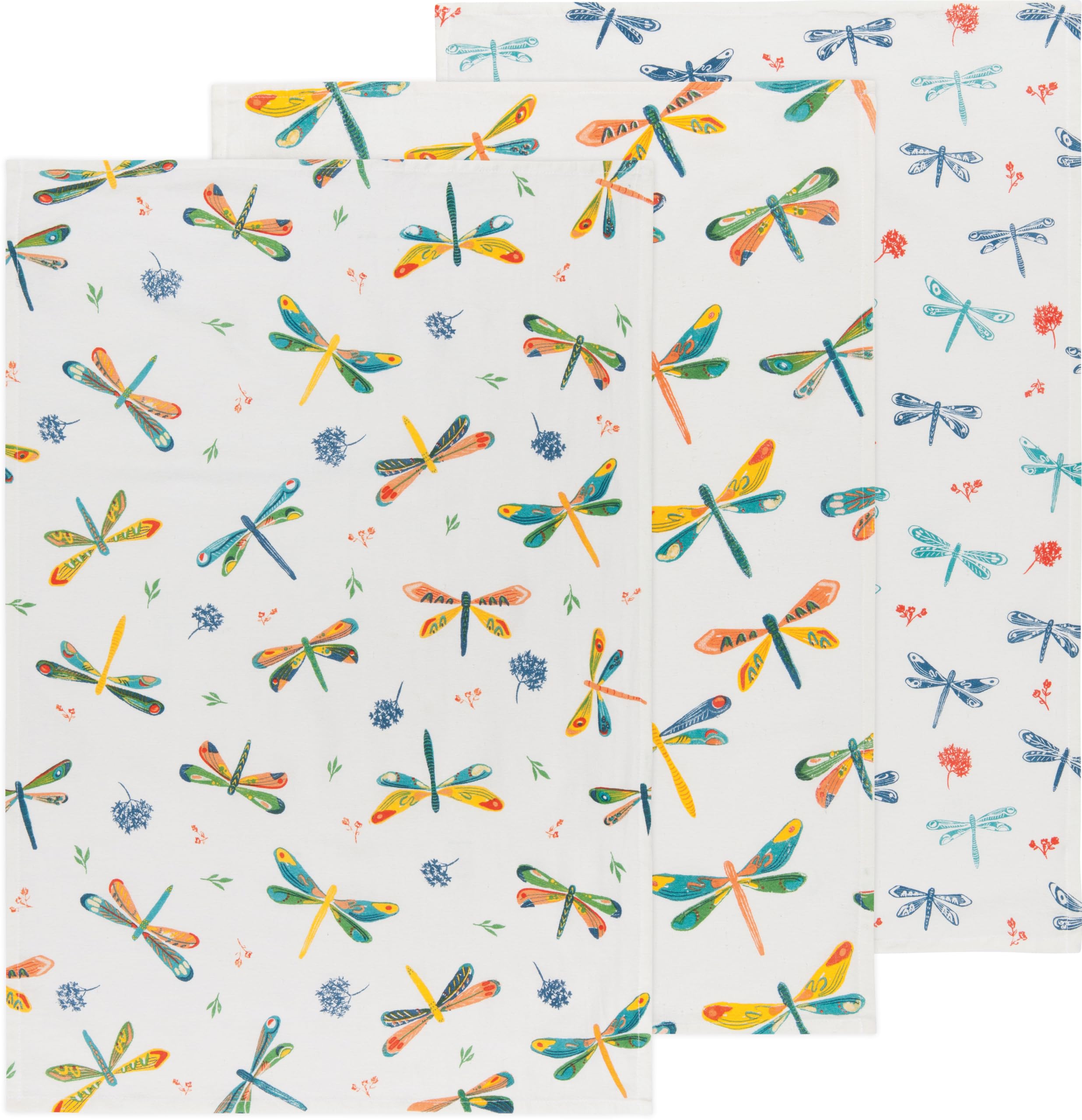 Now Designs Floursack Kitchen Towels Quick Dry Cotton Hand Towel Set, 3 Count, Dragonfly, 20 x 30 in
