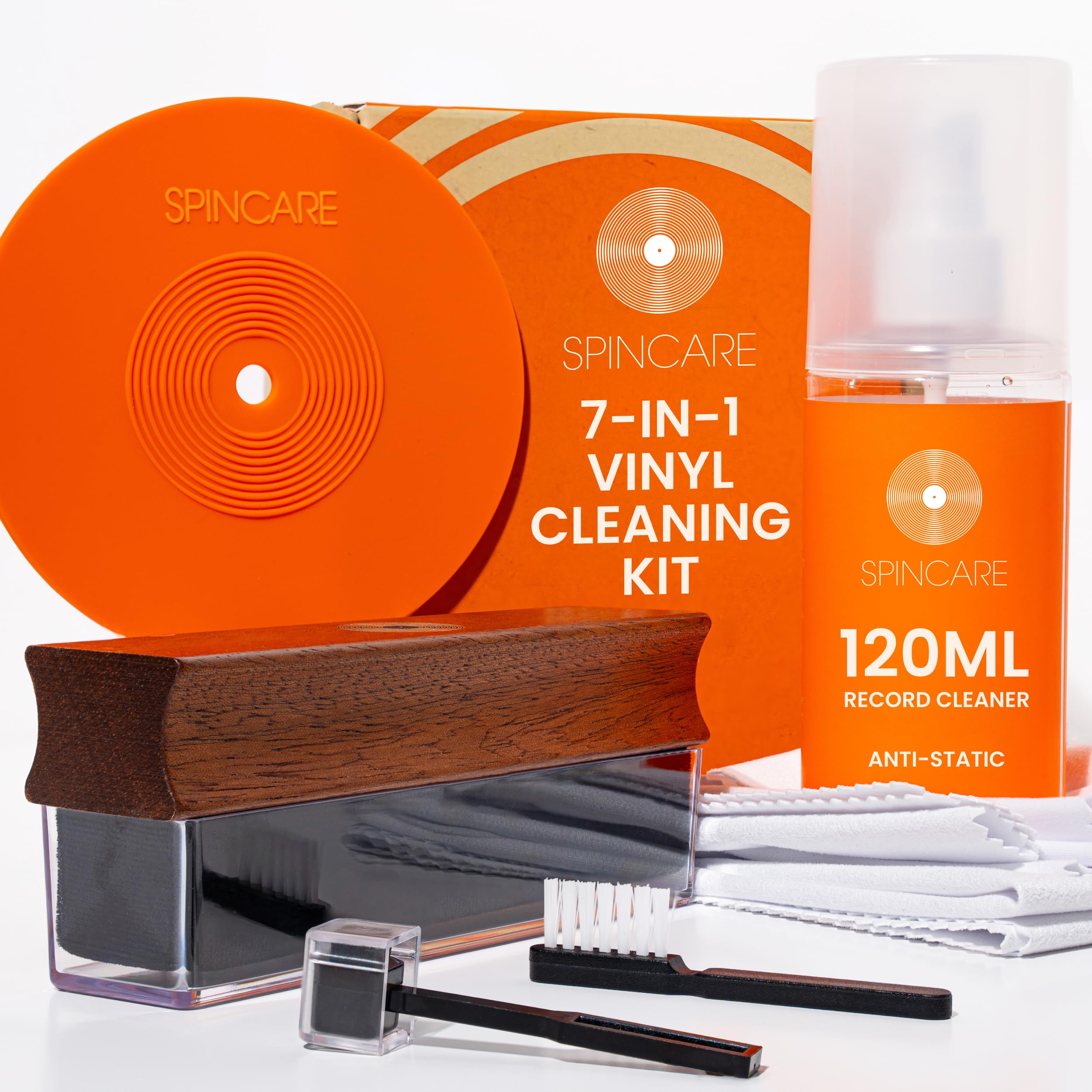 SPINCARE 7-en-1 Limpiador de Vinilos | Cepillo Velvet con Mango de Madera y Cubierta Antipolvo | Solución 120ml | Cepillo para Aguja y Cubierta Antipolvo | Protector de Etiqueta | Paños de Microfibra
