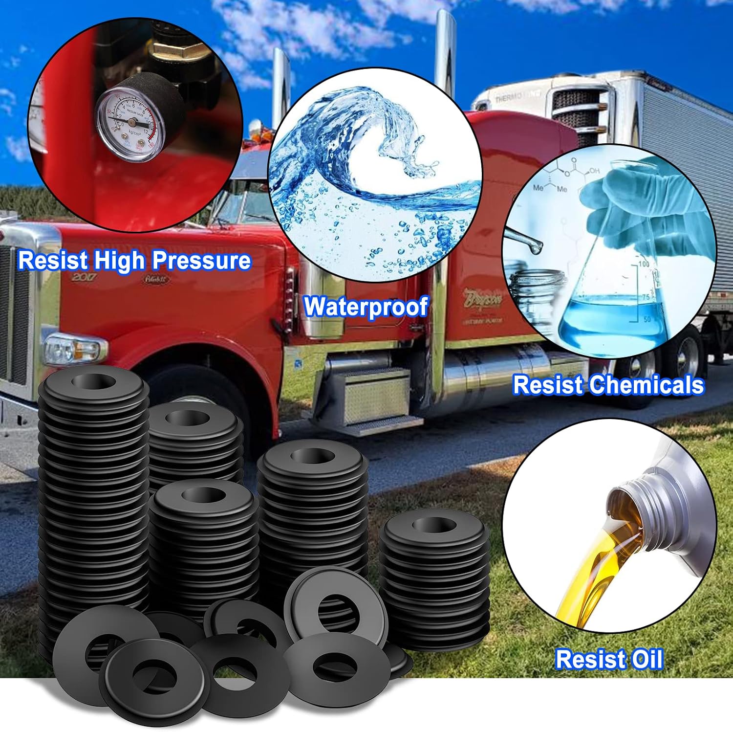 KOOTANS 100pcs Glad Hand Seals, Truck Glad Hand Seal Round Elastic Grommets Rubber Gladhand Seal Washer for Semi Trailer Truck or Tractor Braking Air Hose Parts Number 10028