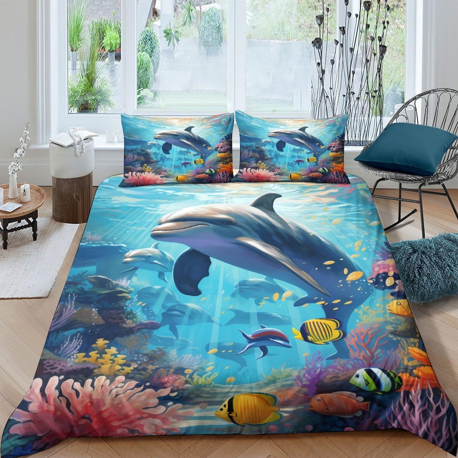 GPLZQXKJNH 3D Printed Ocean Dolphin Duvet Cover Microfiber Soft Breathable Underwater Coral Reef Bedding Set with 2 Pillowcases for Bedroom Decor Single（135x200cm）