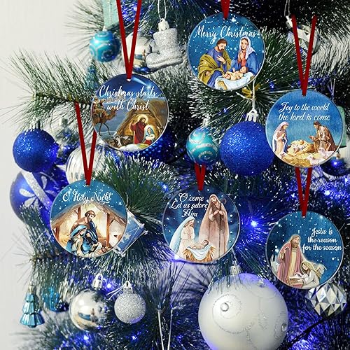 Miniatura 5 de Karenhi 6 piezas de adornos navideños de escena del nacimiento de Jesús, regalos religiosos, adorno navideño colgante de cerámica, escena del