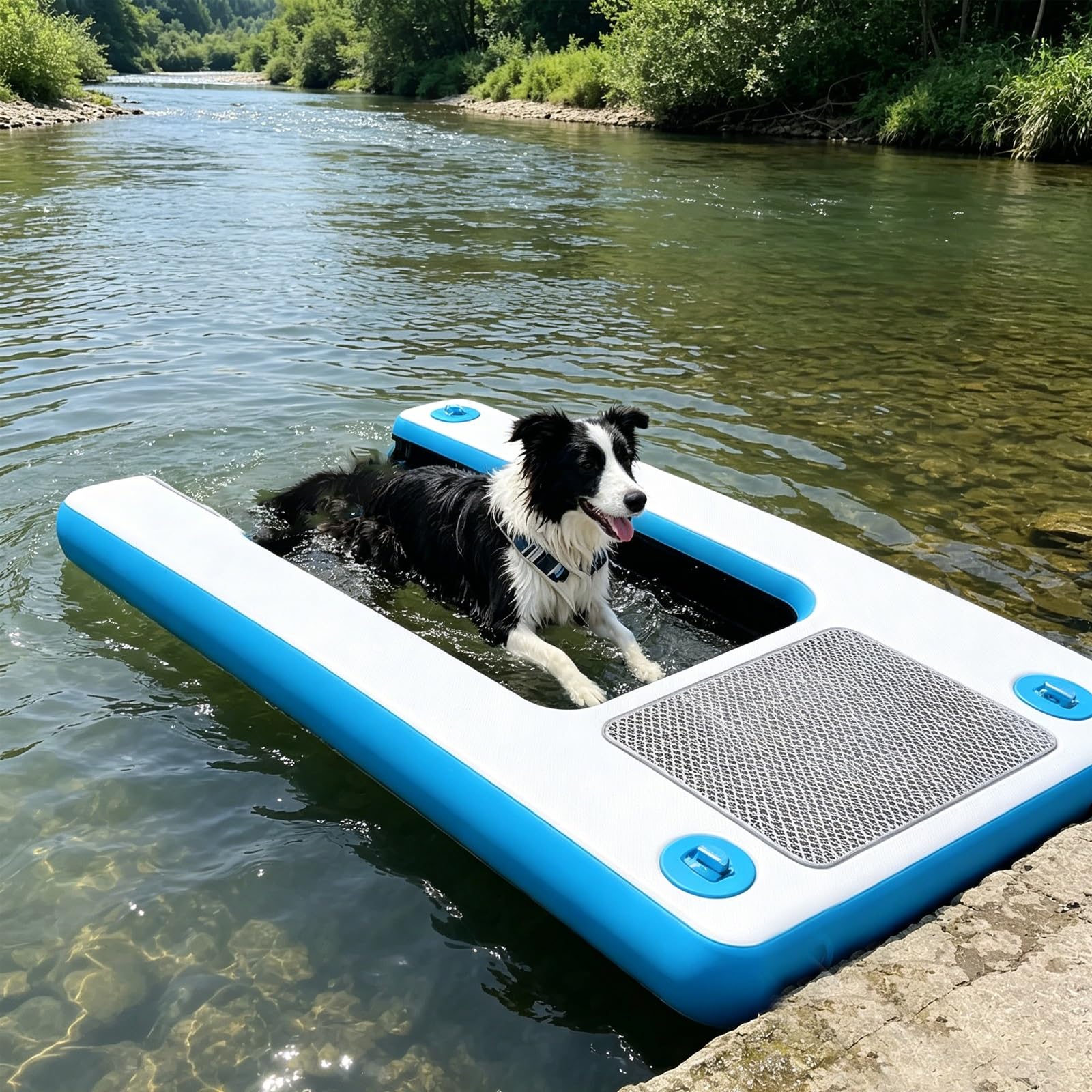 Easy to Store Inflatable Dock Floating Platform Dog, Portable Dog Pool Ramps Ladder for Poolside/Lake/Sea/Yacht, Pontoon Boat Dog Platform With Accessories(Blue)