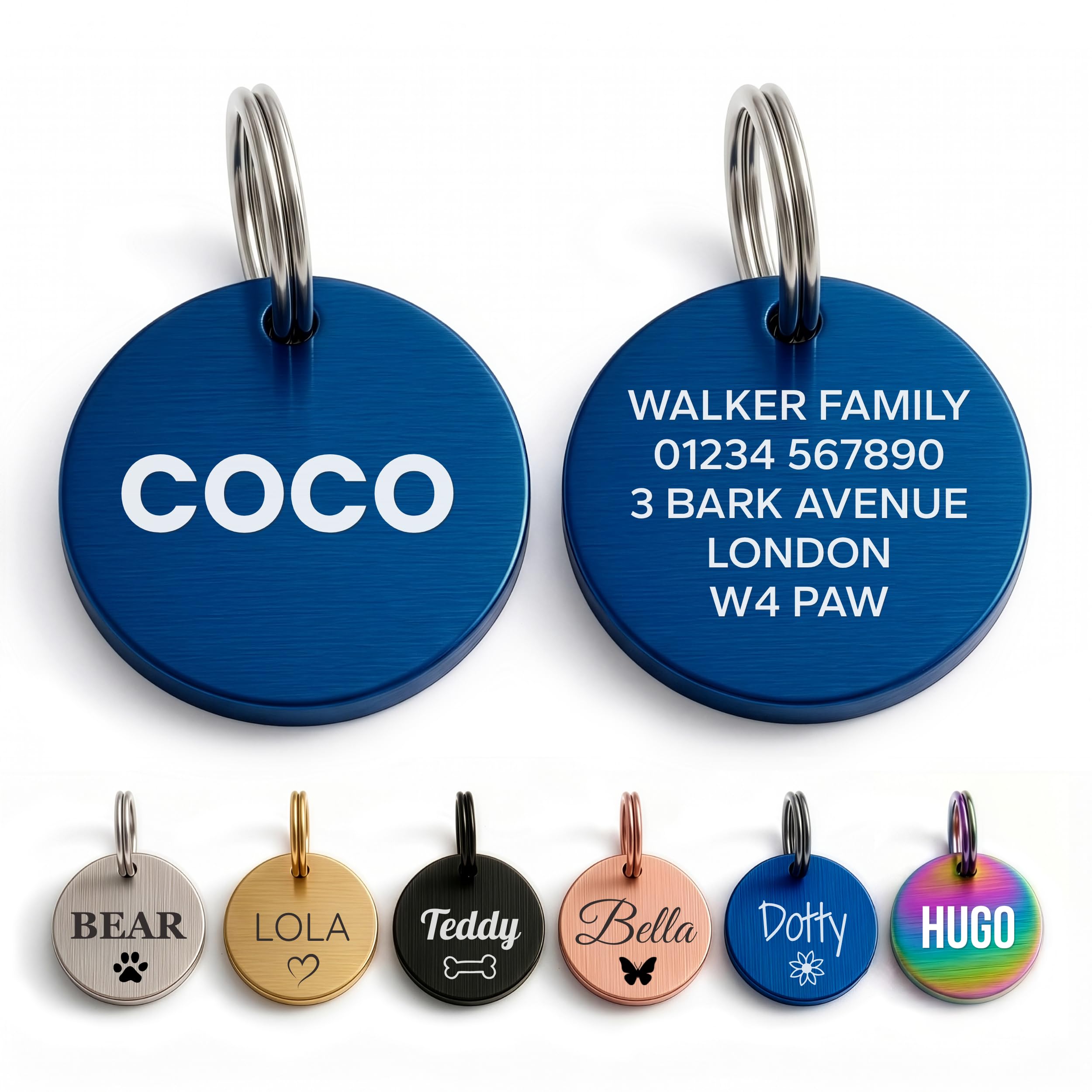 The Stately Hound Dog Tags for Pets Engraved UK, Blue Round, Large โ image 1