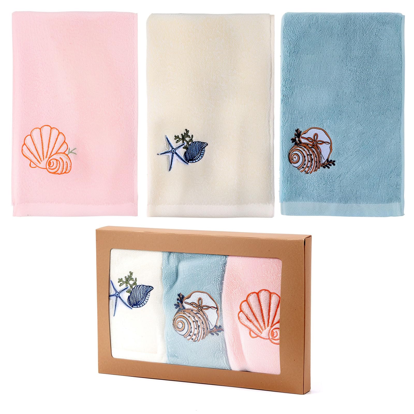 Fingertip Towels, 3-Pack Soft & Absorbent Cotton Towel, Finger Tip Towels Beach Themed Hand Towels for Bathroom Ocean Embroidery Hand Towel Fingertip Towels for Bathroom, 23.6 X 11.8