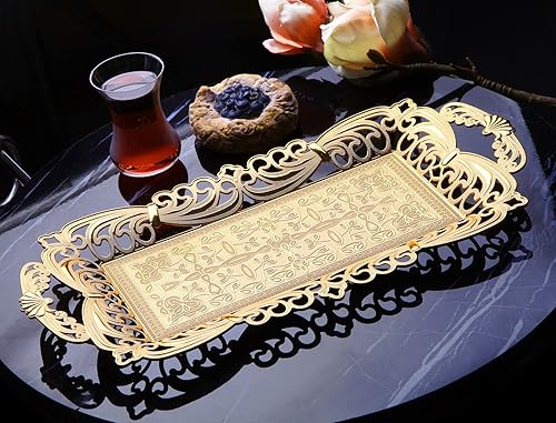 Bandeja de té turco para servir café con asas otomana decorativa (dorado)