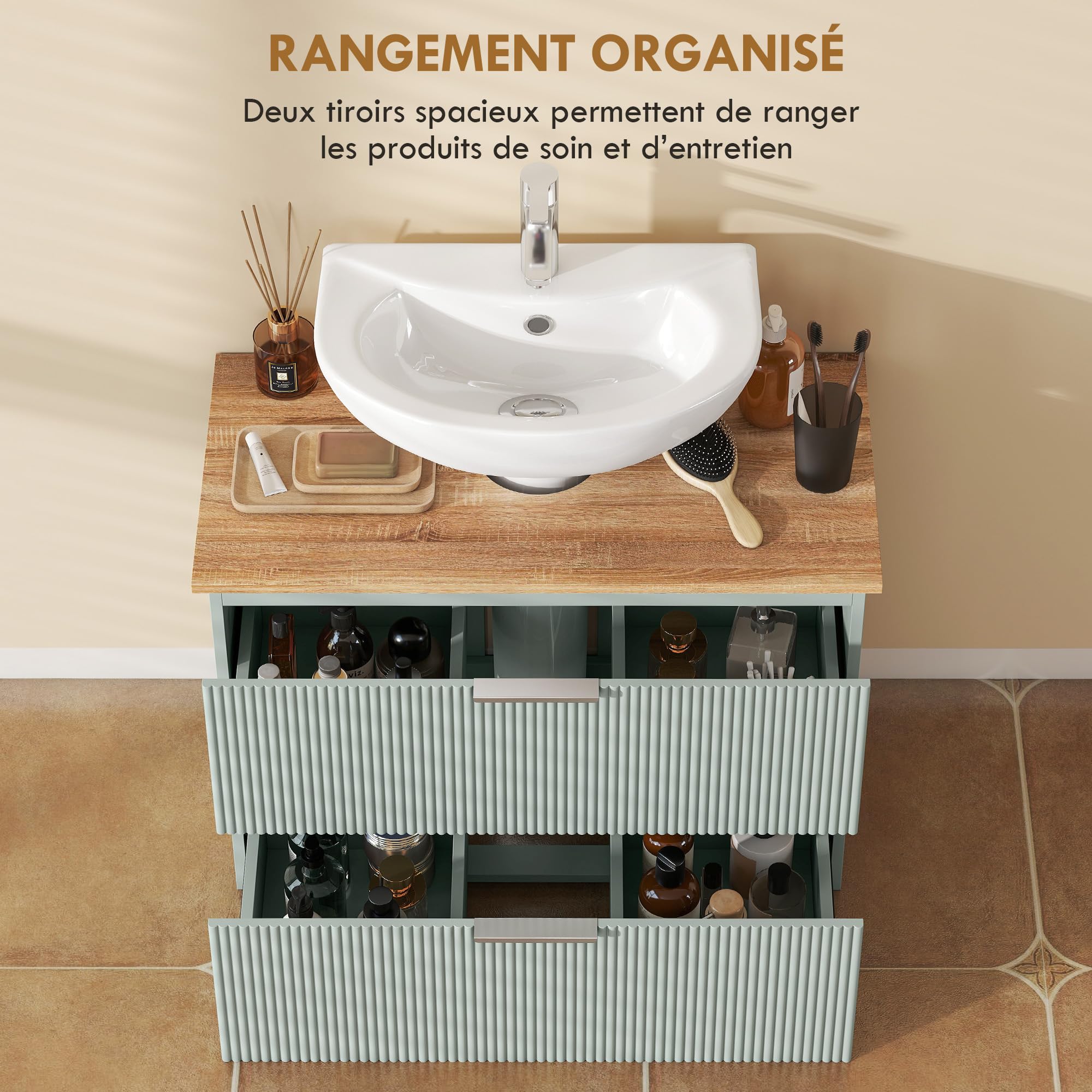 HOMCOM Meuble sous lavabo, Meuble de Salle de Bain avec 2 tiroirs, Armoire de Salle de Bains sous lavabo, Style Moderne, 80 x 40 x 60 cm, Vert et Bois Naturel