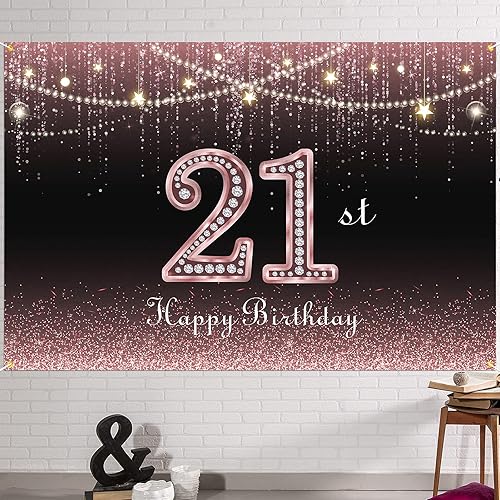 HAMIGAR Fondo de pancarta de feliz cumpleaños 21 de 6 x 4 pies, decoraciones de cumpleaños de 21 años, suministros de fiesta para mujeres, oro rosa