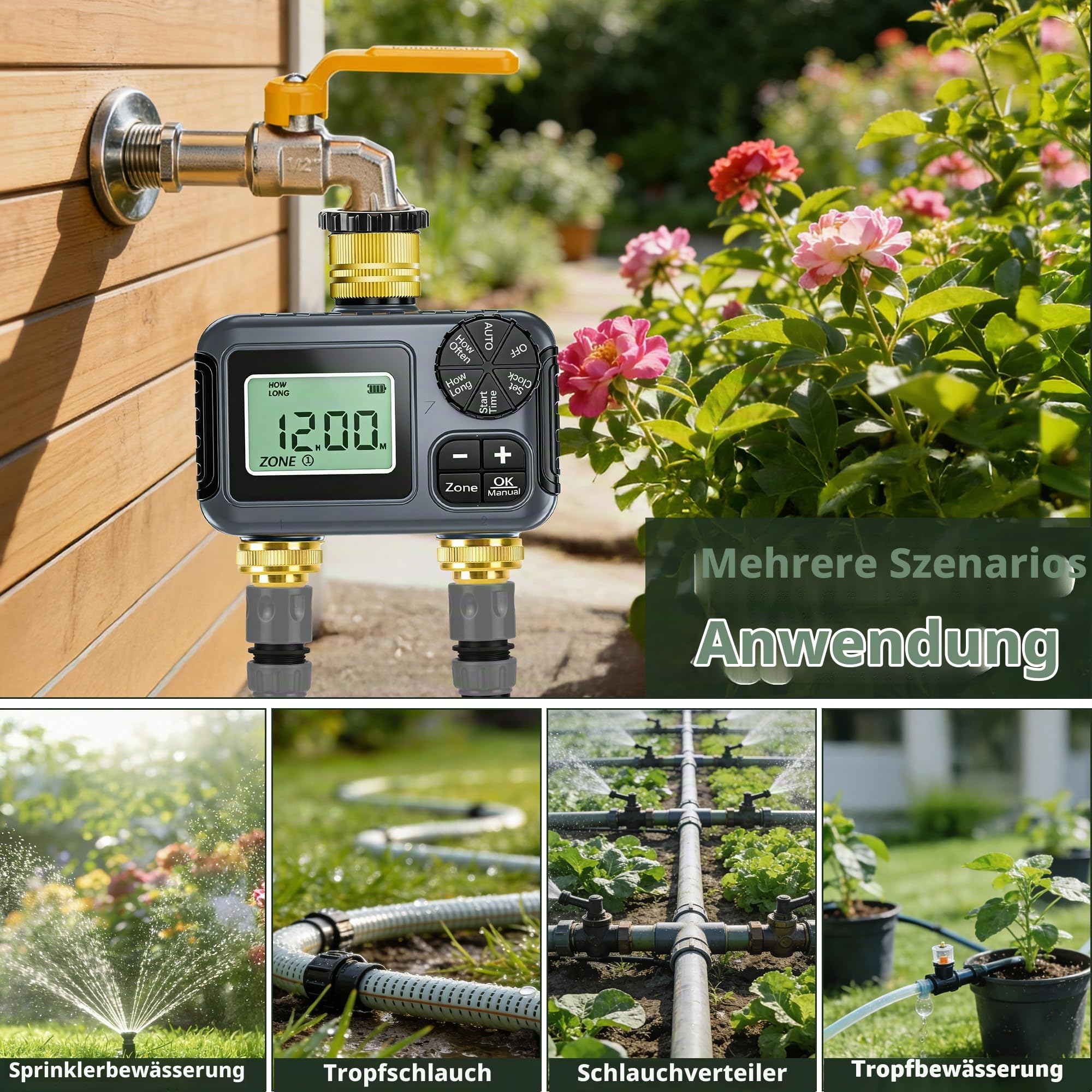 IPX5 Bewässerungscomputer 2 Ausgänge,Messing-Einlass und -Auslass,Automatische Bewässerung Wasser Zeitschaltuhr mit Regenverzögertem Manuellem Wasserhahn-Zeitschaltuhr für Garten Rasen