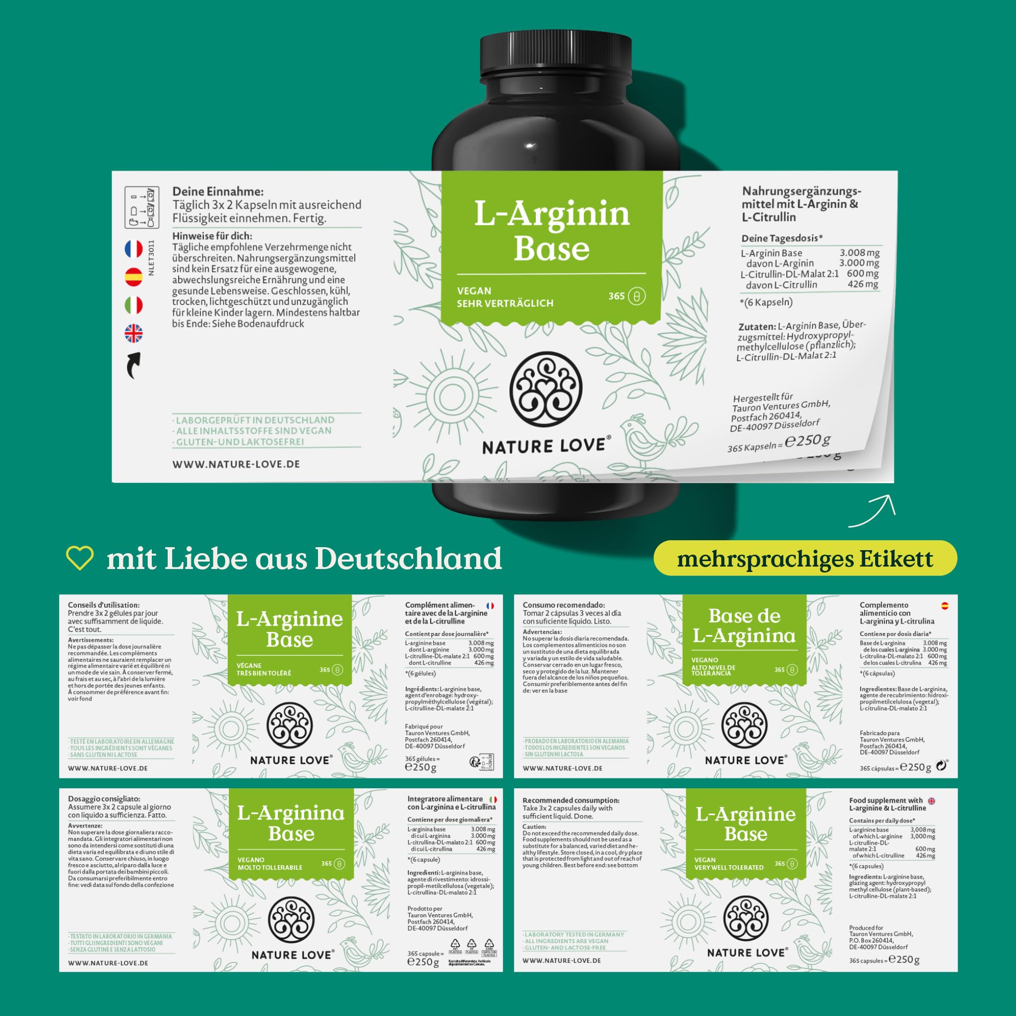 NATURE LOVE® L-Arginin Base mit Citrullin - 365 Kapseln - Hochwertiges pflanzliches Arginin in BASE Form mit 99,7+% Reinheit - Hochdosiert, vegan, in Deutschland produziert