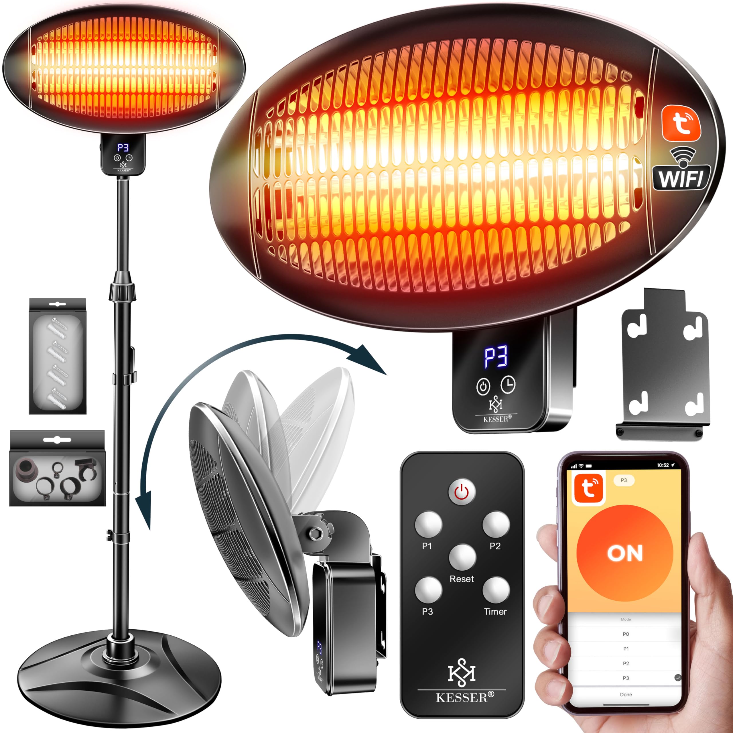 KESSER® Infrarot Heizstrahler 2000W Terrassenstrahler mit WIFI & Fernbedienung 360° drehbar, höhenverstellbar, Stand- & Wandmontage Kippschutz, IPX4 spritzwassergeschützt Wärmestrahler Balkon & Garten