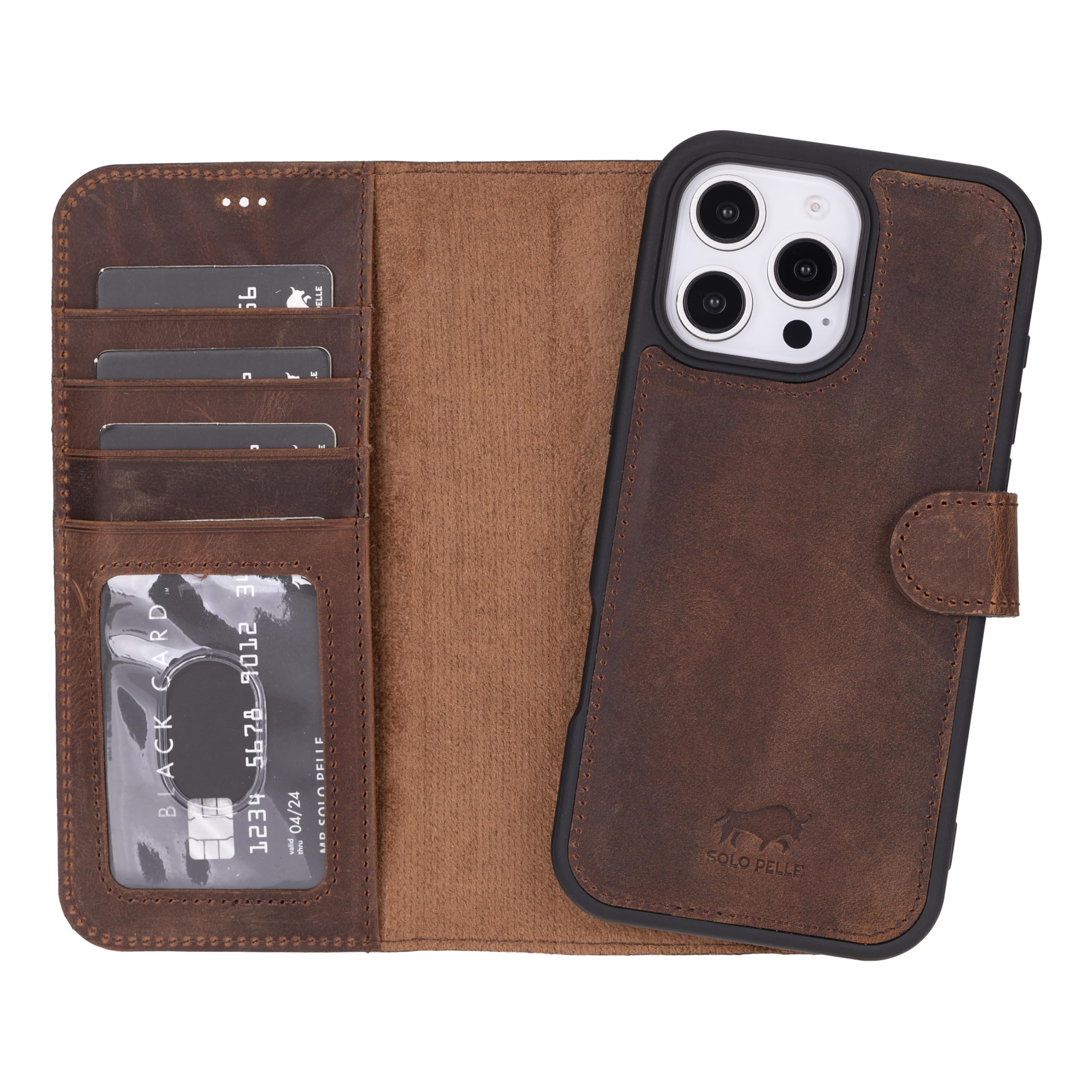 Solo Pelle Lederhülle kompatibel für iPhone 16 Pro in 6.3 Zoll abnehmbare Hülle (2in1) inkl. Kartenfächer geeignet für MagSafe Zubehör (Vintage Braun)