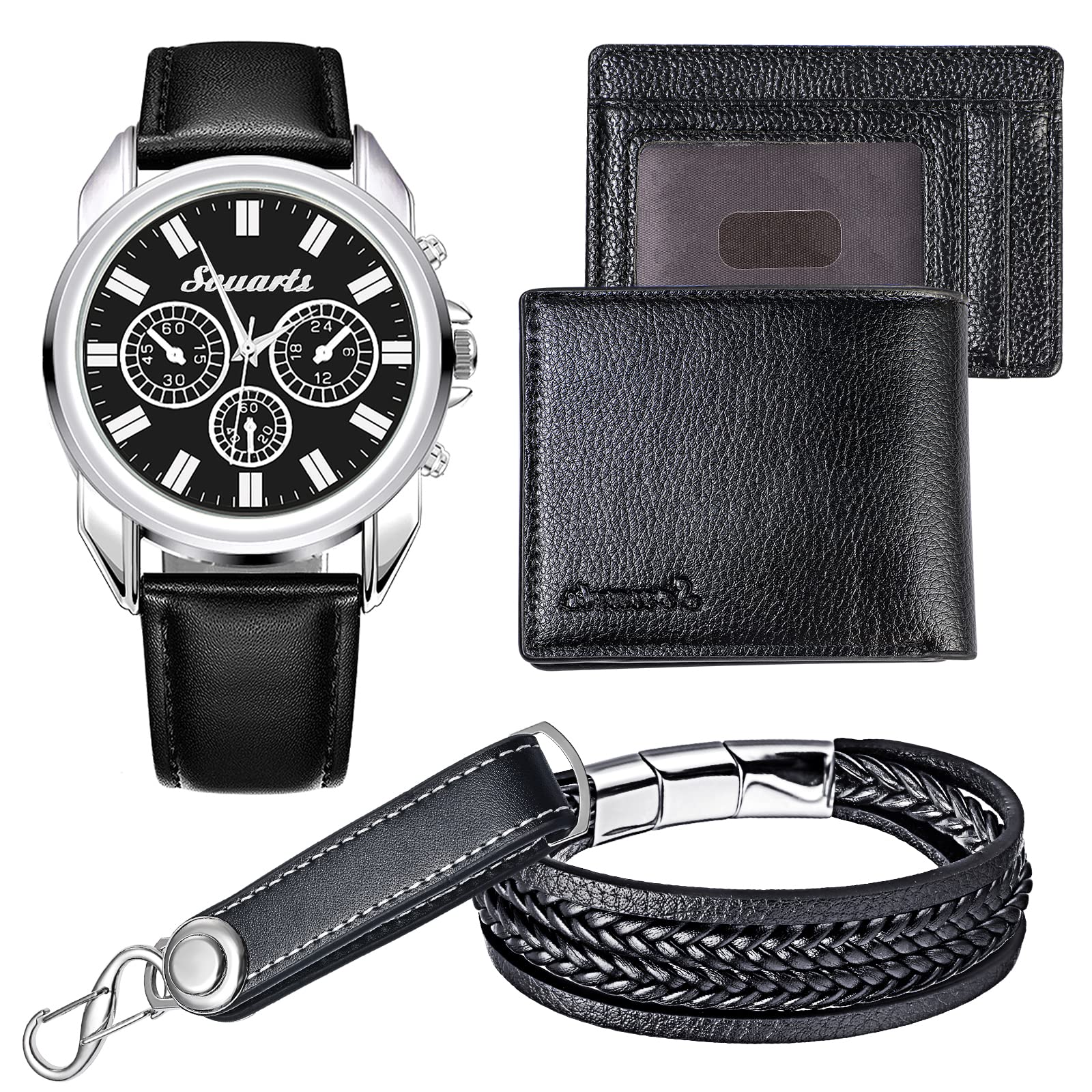 Souarts Birthday Gifts Watch Set for Men, Artificial Leather Watch for Men, Rachet Belt, Wallet and Mens Gifts Set Gifts Box Organizer (Black)