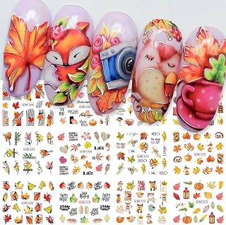 Maple Leaf Nail Art Sticker Autumn Turkey Water Transfer Nail Decal Yellow Orange Leaf Floral Nail Design for Women Girls Nail Art Supplies 12 Sheets