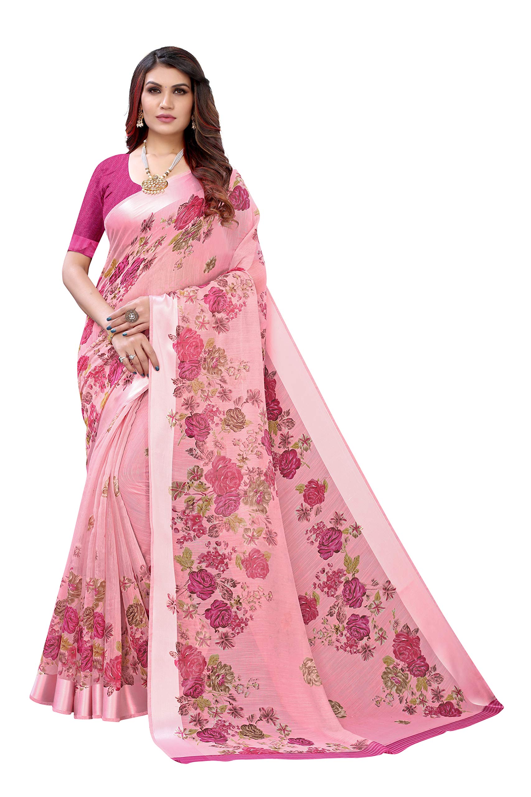 ANNI DESIGNERWomen's Navy Blue Color Linen Satin Patta Saree With Blouse Piece (ANILA 11603_Free Size)