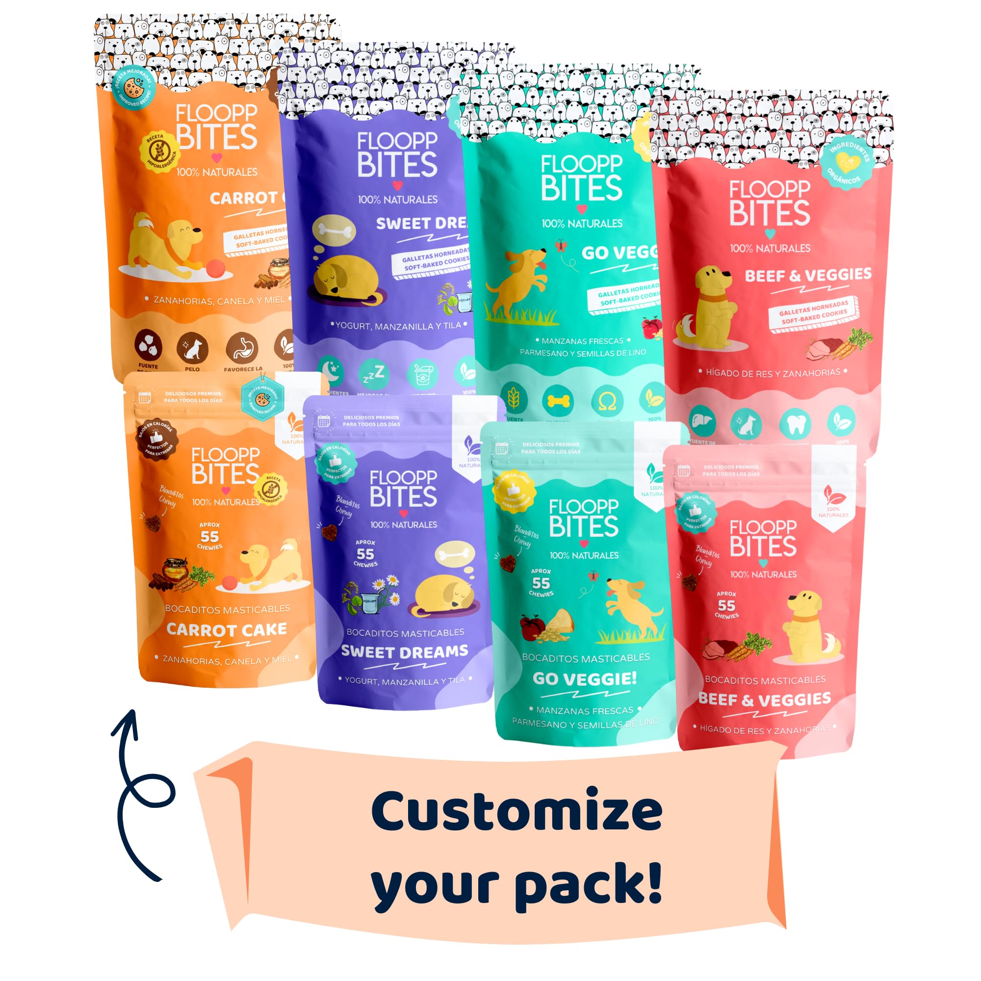 FlooppBITES Chuches para Perros - Pack Personalizable - Galletas y Soft Snacks Perro 100% Naturales - Premios y golosinas - Alimento complementario Perros - 350gr