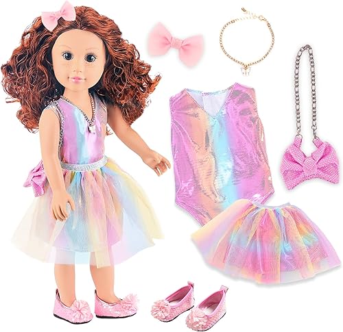 ZITA ELEMENT Muñeca americana de 18 pulgadas con ropa y accesorios para muñecas, incluyendo muñeca de 18 pulgadas, vestido de arco iris, bolsa de
