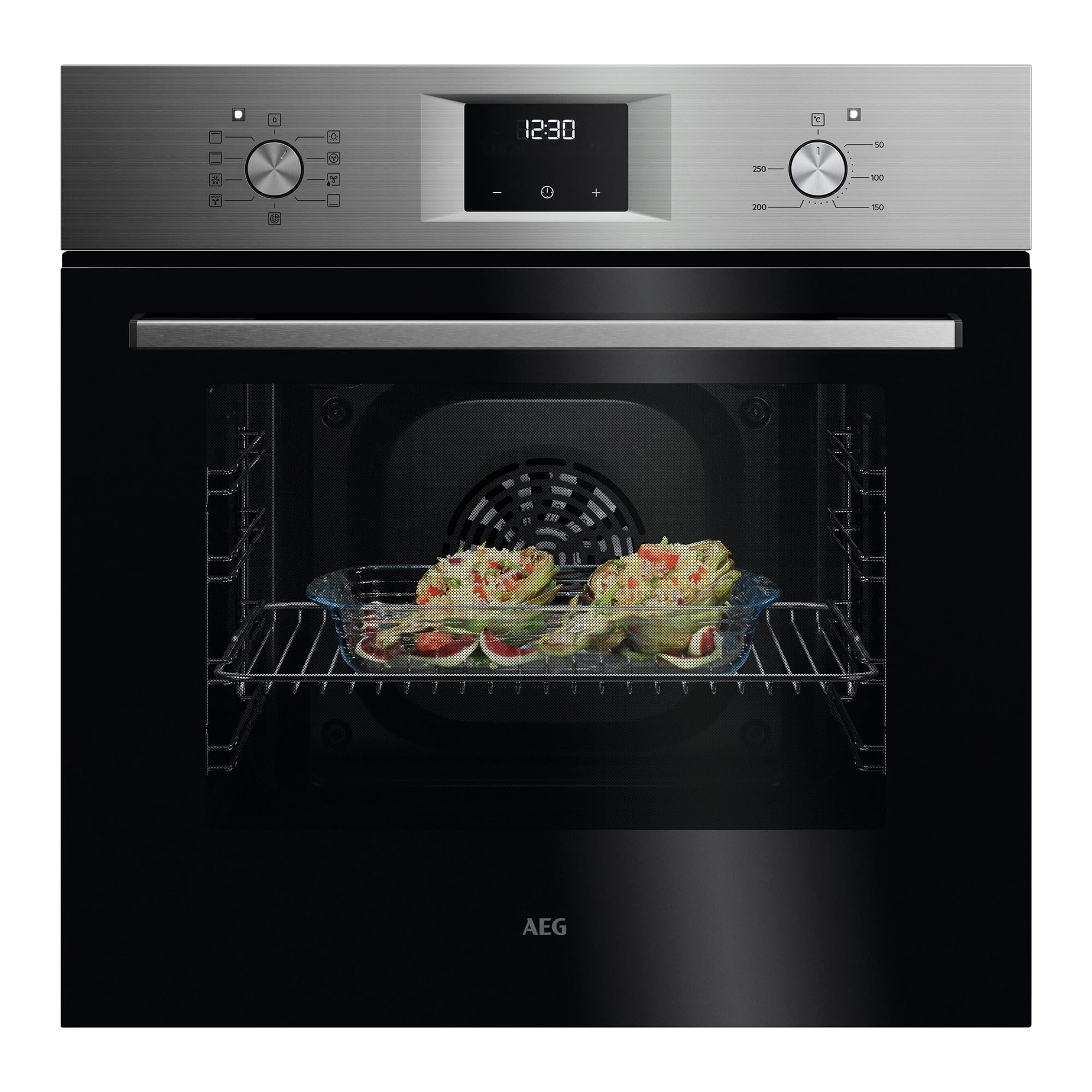 AEG OU5AB21CM – Horno Multifunción Serie 5000 SurroundCook, 65 L, Display LED, 9 Funciones, Limpieza AquaClean, Mandos Escamoteables Inox, Puerta 4 Cristales, Inox Infinity