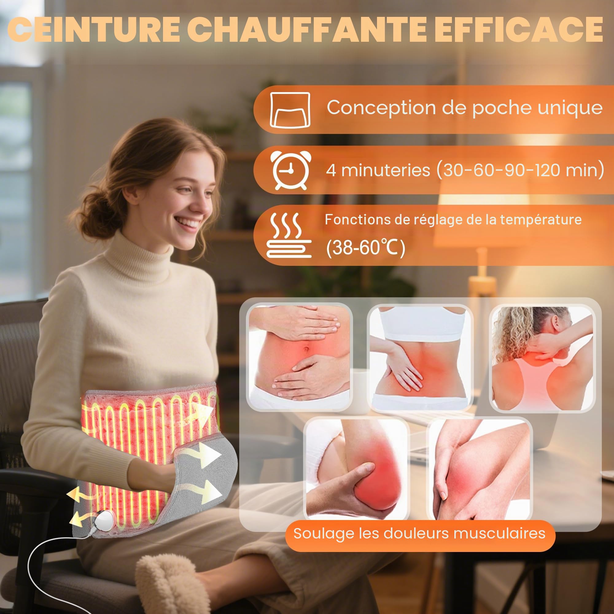 KingSom Ceinture Chauffante Lombaire avec Poche de Chauffe Main, Coussin Chauffant Électrique 125 x 30 cm, 10 Niveaux de Température et 4 Timers, Ceinture Chauffante pour le Dos, le Ventre, la Taille