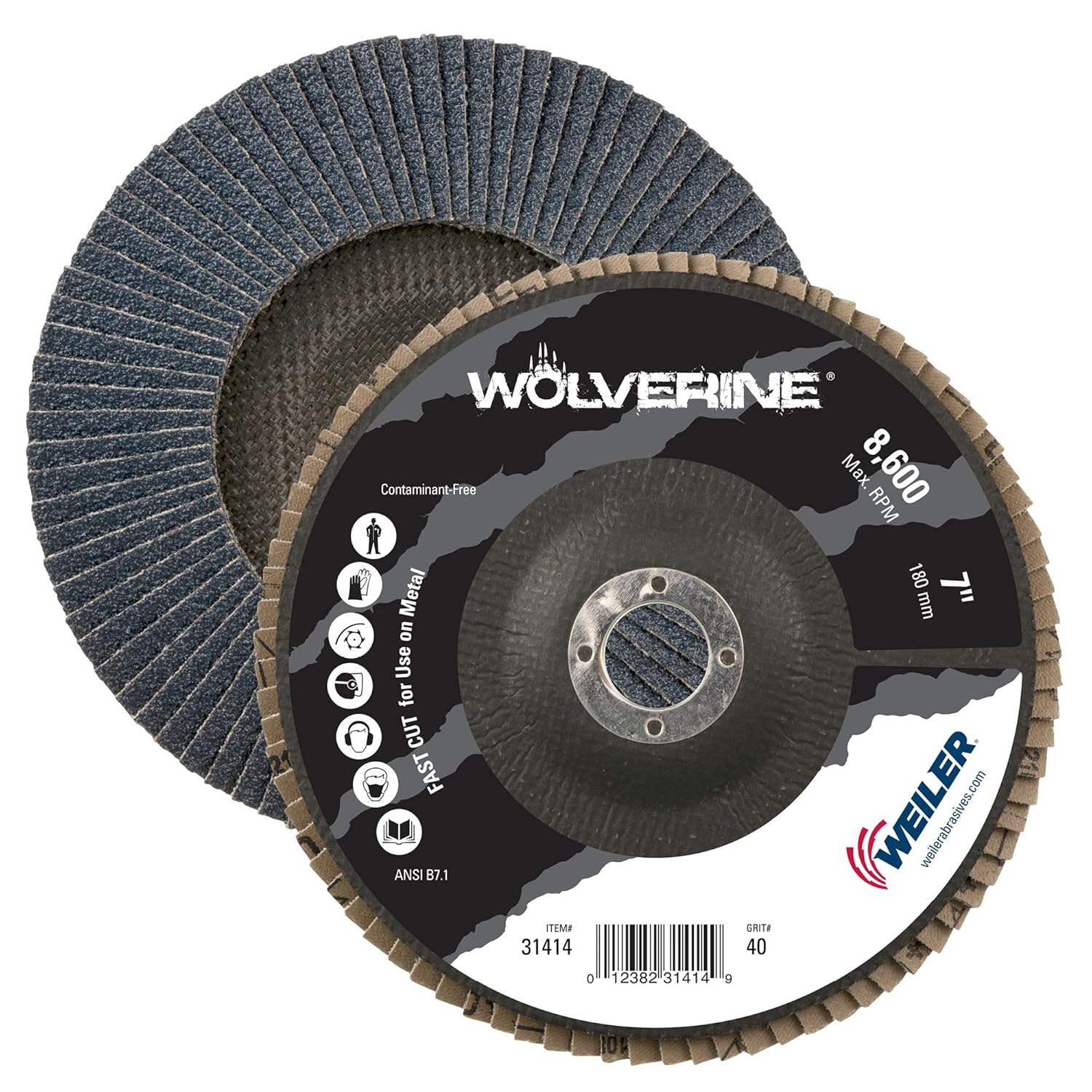 Weiler 31414 Wolverine 7" x 7/8" Arbor Hole Abrasive Flap Disc, 40 Grit Zirconia Alumina, Flat Type 27, Phenolic Backing, Standard Density (Pack of 10)