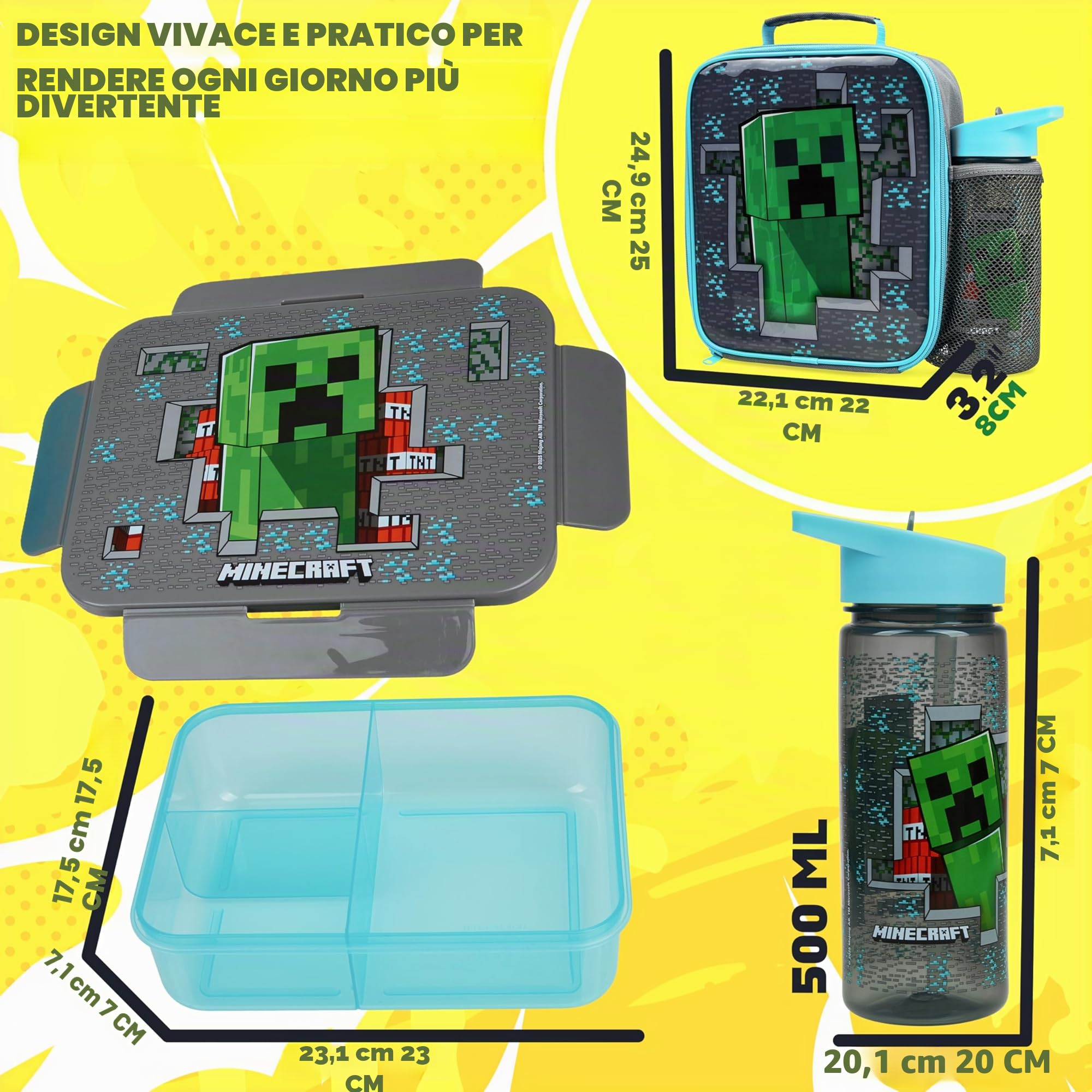 Get Trend Minecraft Borraccia, Borsa Porta Pranzo e Porta Merenda Bambini, 3Pz Set, Materiale Scolastico, Portamerenda BPA Gratuito, A Prova di Perdite (Multi Minecraft)