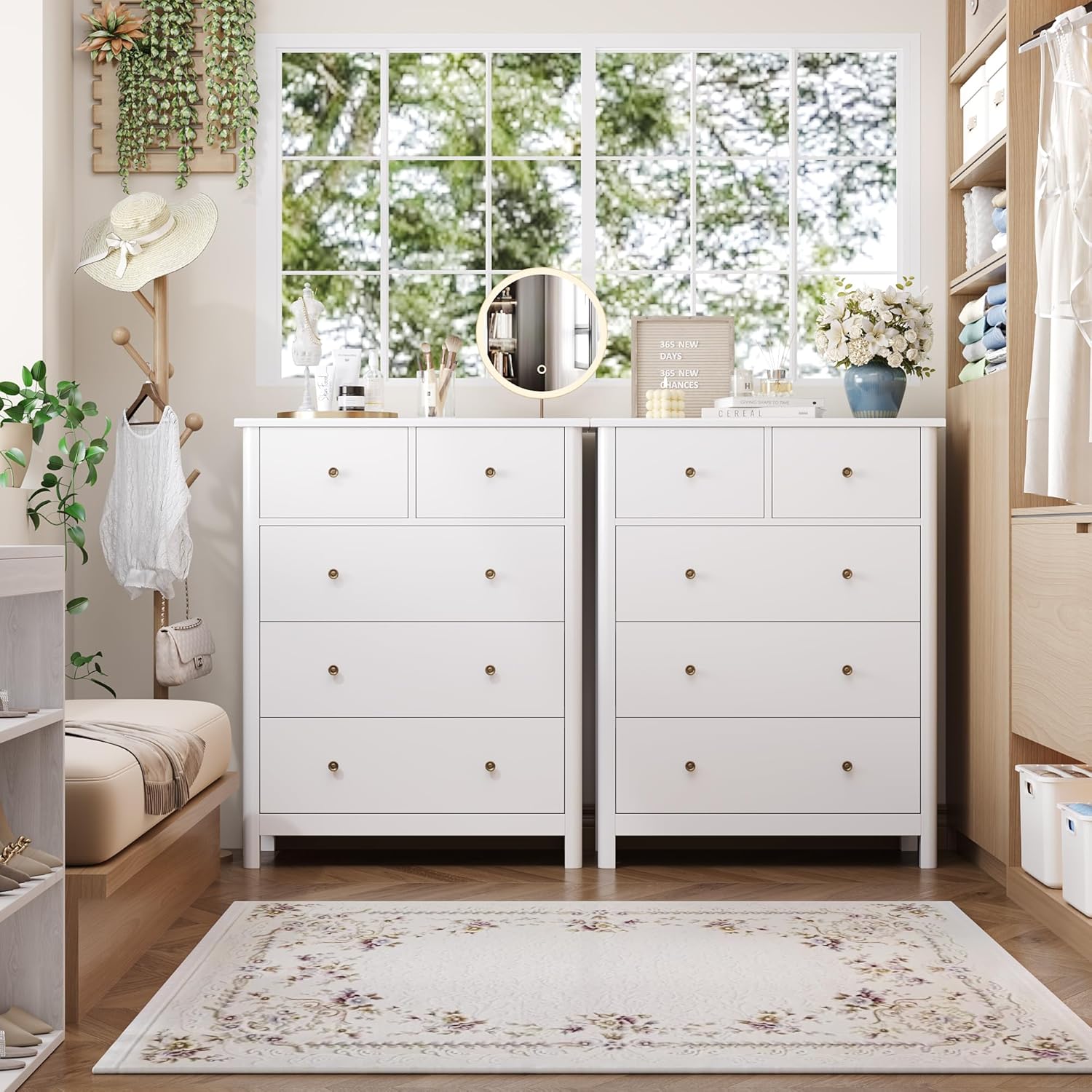 HOUSUIT White Dresser with 5 Drawers, Tall Chest of Drawers, 5 Drawer Dresser with Deep Space, Wood Storage Cabinet for Living Room, Hallway, Office, White