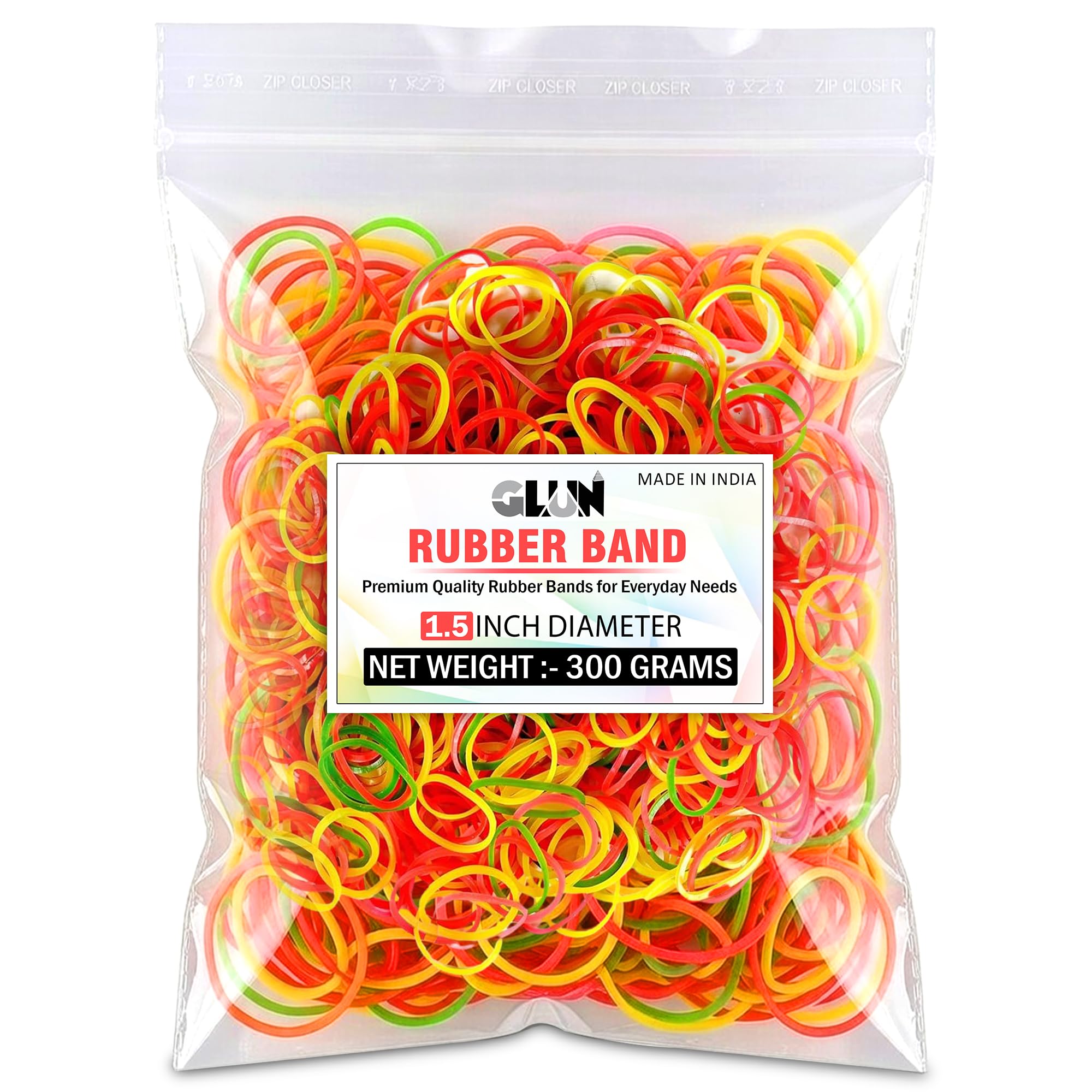 GLUN® 1.5 Inch Multicolour Rubber Band 300 Gram Pack, Fluorescent Multicolour, Strong & Stretchable for Home, Office & Kitchen Use