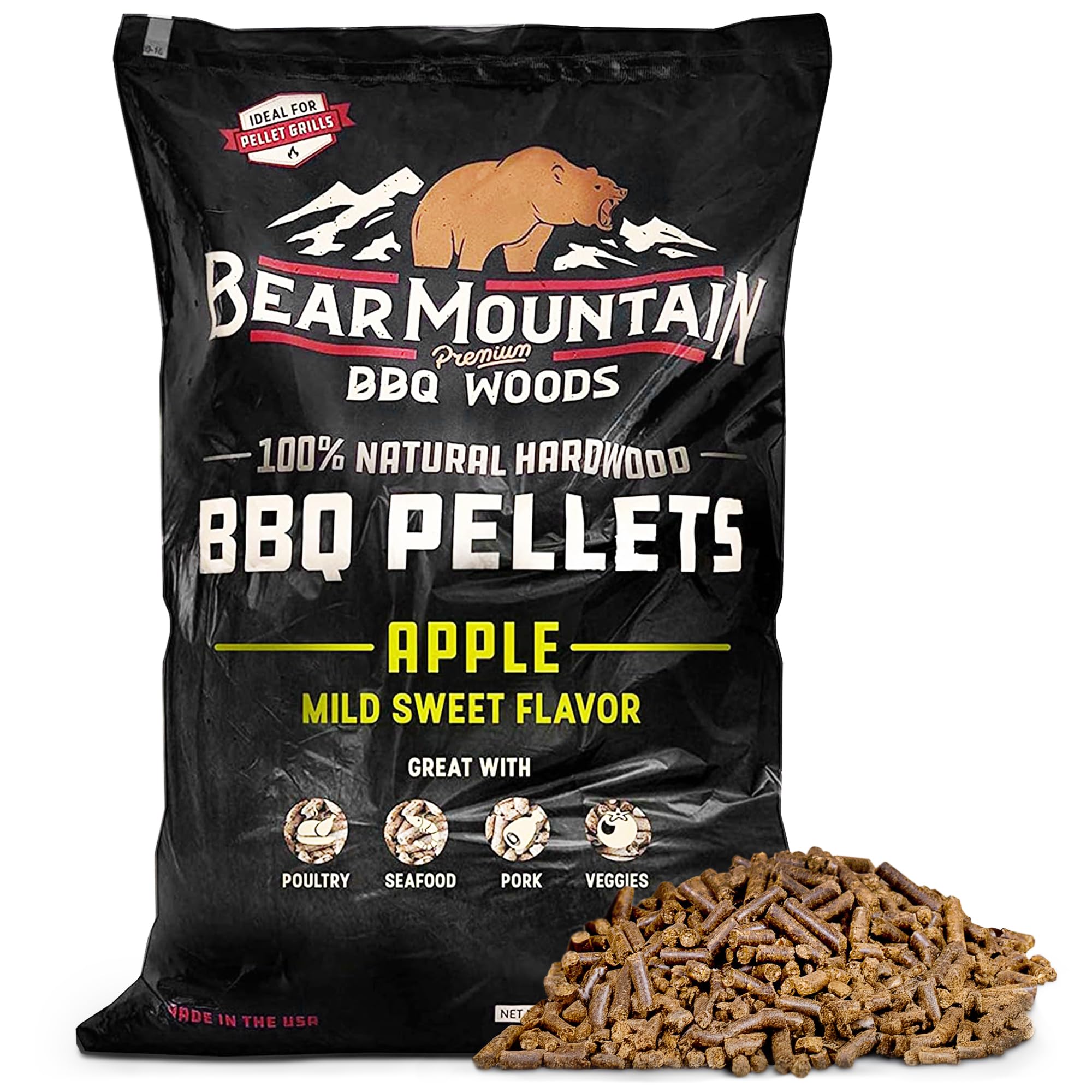 Bear Mountain All Natural Wood Pellets for Smoker, Grill & BBQ, 40 Lbs, Apple - Premium Hardwood Barbecue Pellets for Indoor and Outdoor Grilling