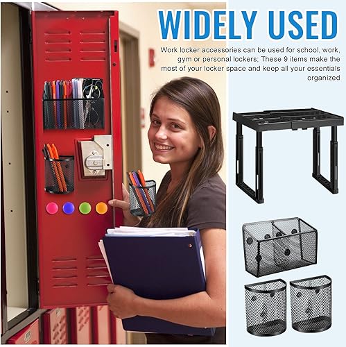 Miniatura 7 de Wesiti Kit de organizador de 9 piezas y accesorios para casillero, incluye 1 estante, 3 soportes magnéticos para lápices, 1 espejo, 4 imanes para el