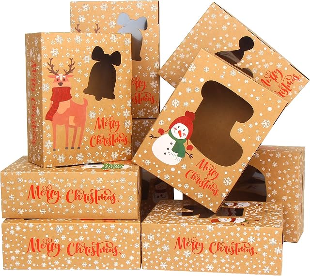 DIYASY 12Pcs Christmas Cookie Boxes Cupcake Boxes with Clear Window, Xmas DIY Gift Cake Boxes Treat Boxes for Holiday Christmas Party Favor